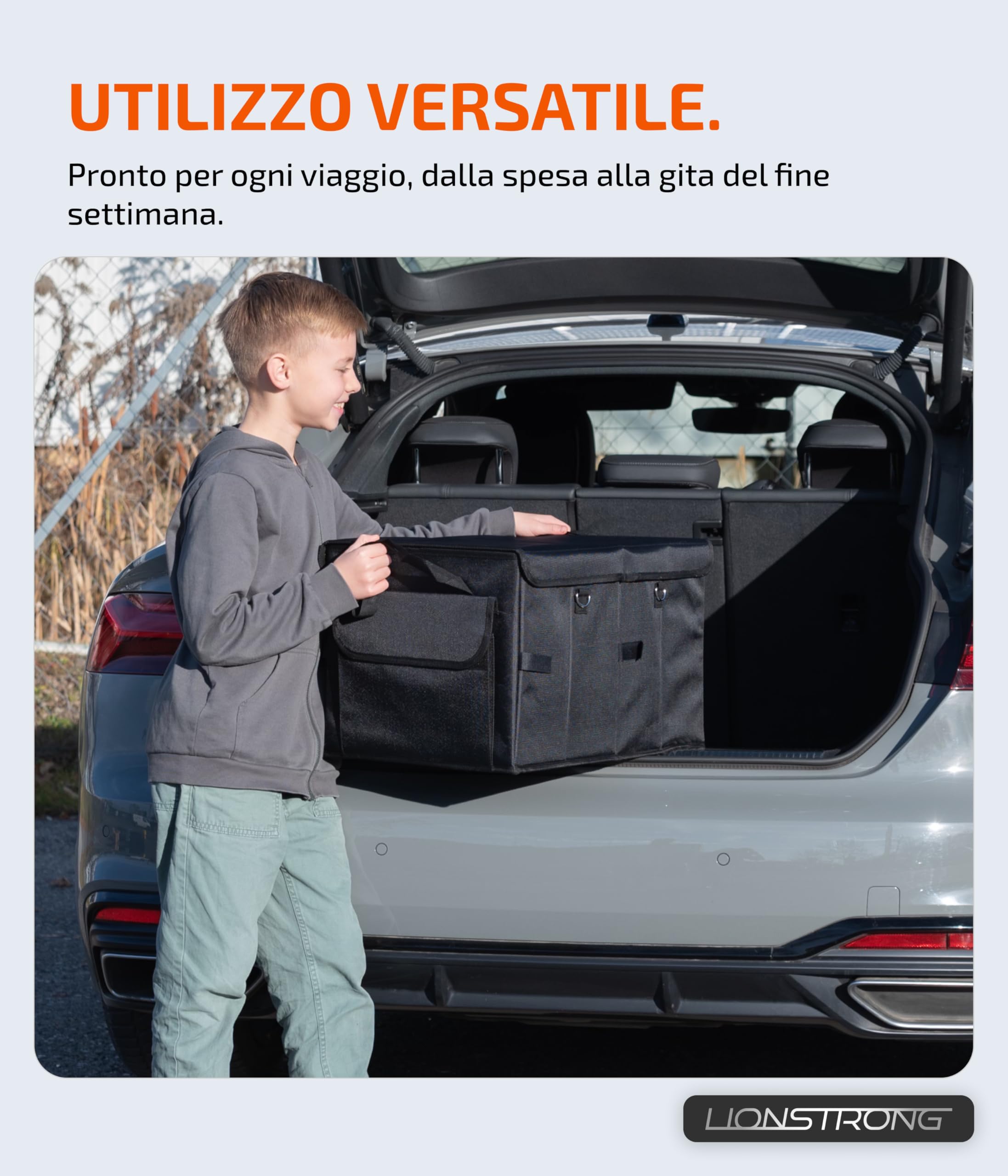 LIONSTRONG® Box Organizer da Bagagliaio – Contenitore pieghevole e antiscivolo con maniglie e scomparti per city car, berline e SUV – Ideale per spesa, attrezzi e viaggi – Robusto e compatto