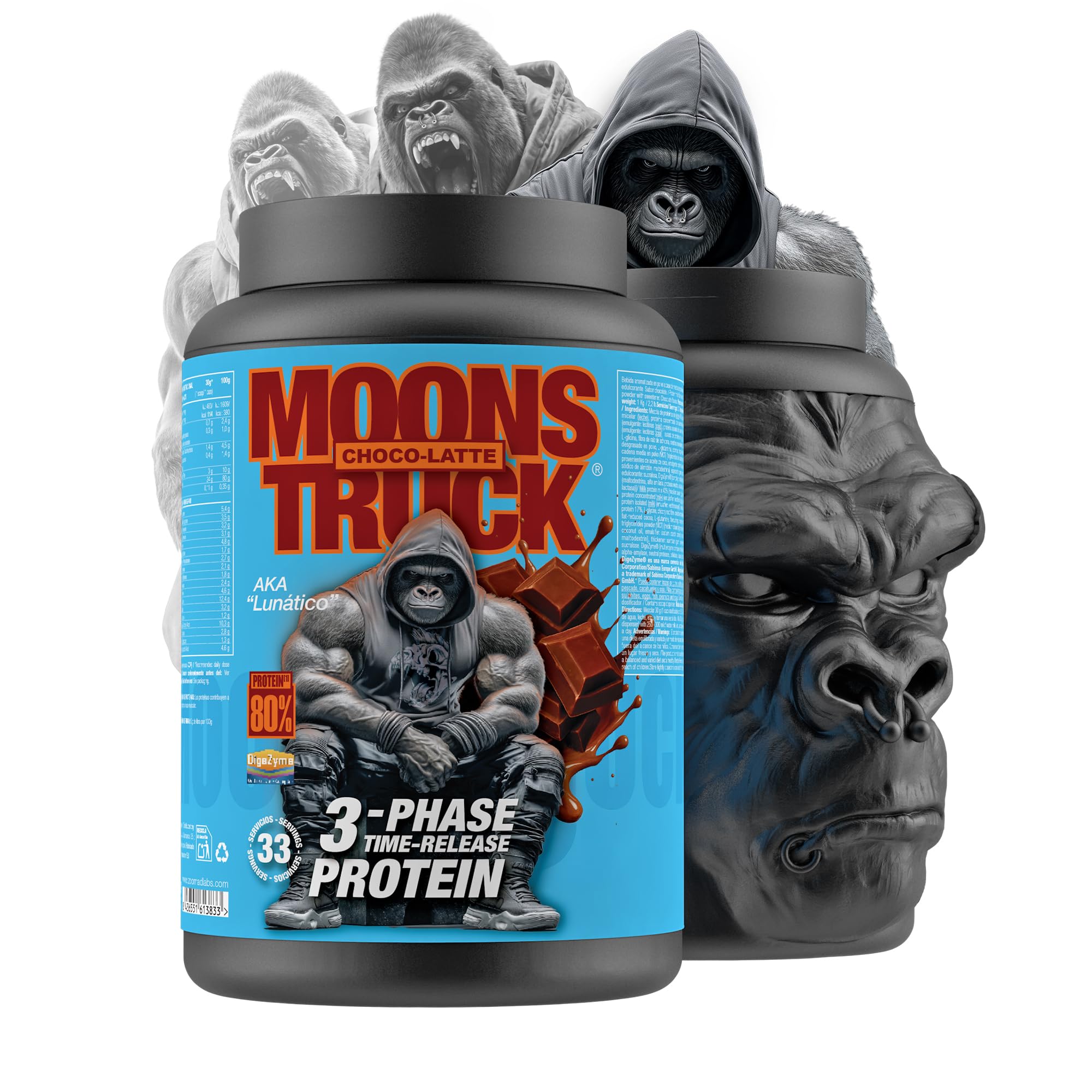 Zoomad Labs MOONSTRUCK 3-Phase Whey Protein 1 kg Chocolate | Proteínas Whey Isolada + Concentrada + Caseína Micelar con DigeZyme | 24 g Proteína · 80% Pureza · 33 Tomas Time-Release