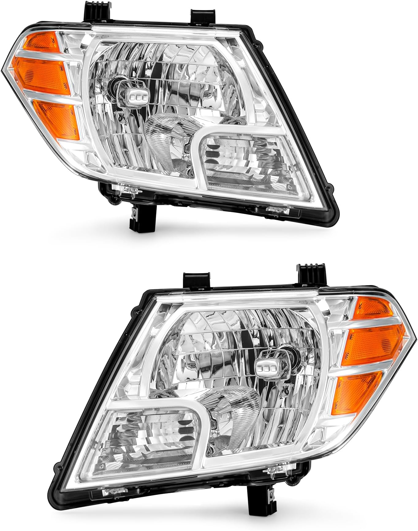 fit 09 10 11 12 13 14 15 16 17 18 19 20 21 Nissan Frontier 4door Sedan Headlight Assembly Compatible with 2009-2021 Frontier Chrome Housing Headlamp Amber Reflector Halogen L&R Sides(W/O Bulbs)