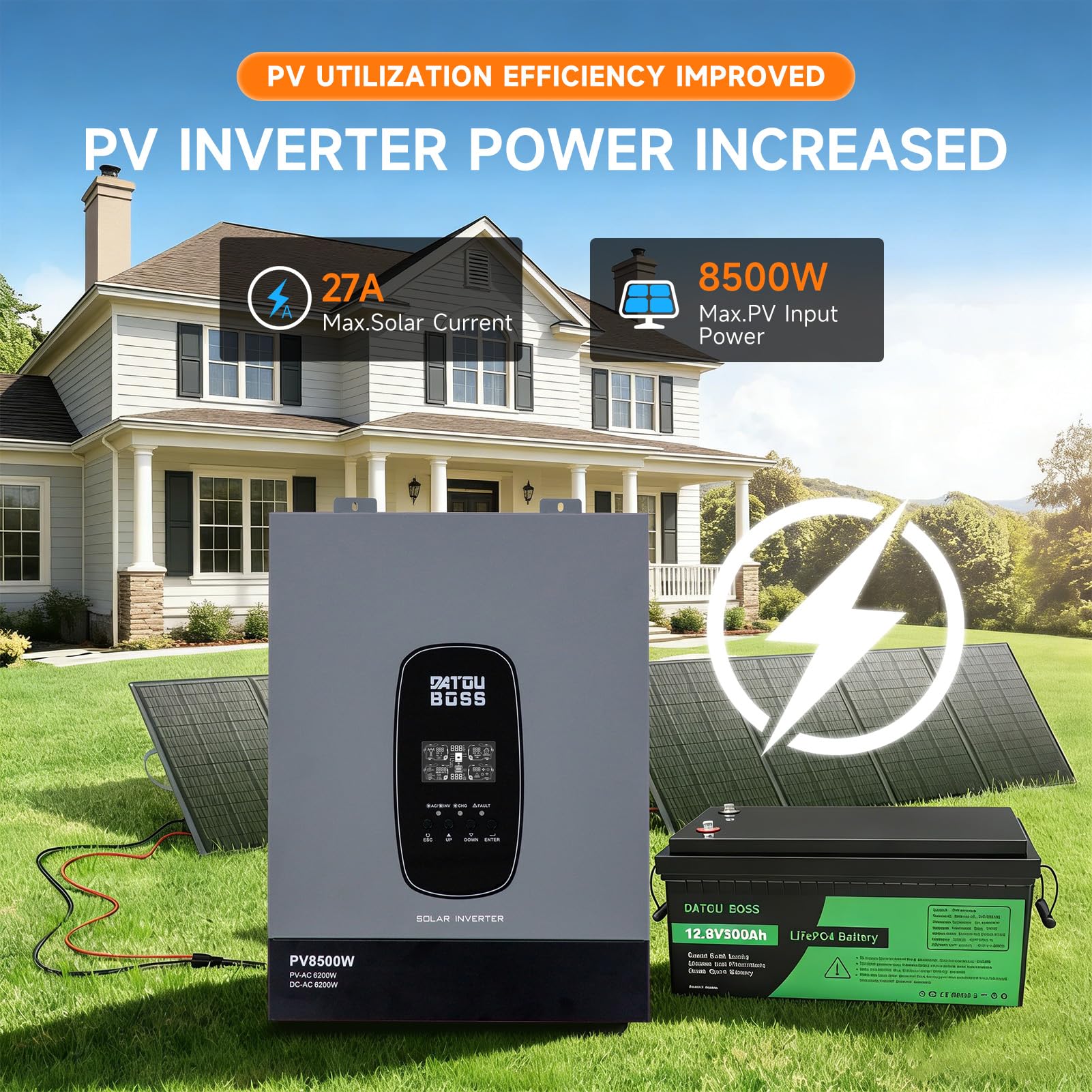 DATOUBOSS Inverter Ibrido Solare 6200W 48V a 230V Onda Sinusoidale Pura, Regolatore MPPT 120A, Compatibile con Batterie al Litio, per Casa, Camper e Impianti Fotovoltaici