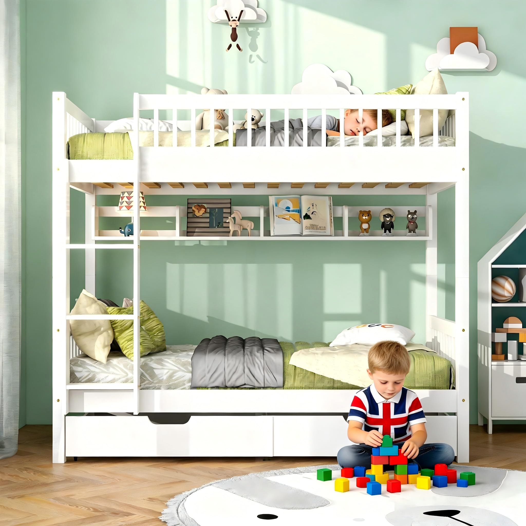 Bunk Bed for Kids with under Bed Drawer Storage, 3ft Single Bed Frame with Ladder and Shelf, Solid Pine Wood, 90 x 190cm, No Mattress, White