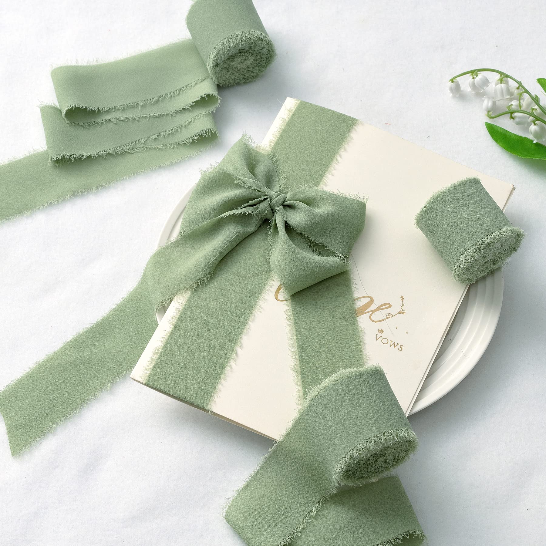 Ruban Mousseline Vert Sauge - 3 Rouleaux De 3cm X 6.4m Pour Décoration Mariage, Fête, Emballage Cadeau - 9