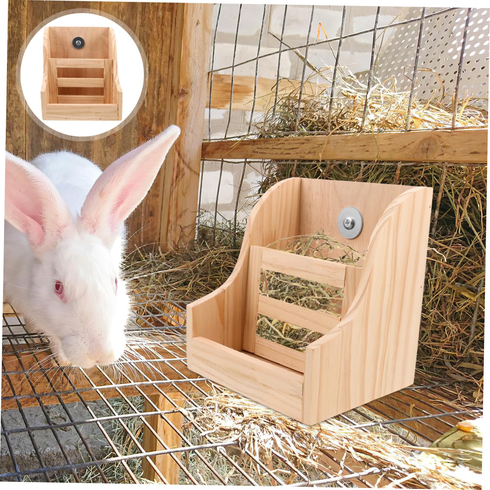 TOYANDONA Holz Heuraufe mit Napf Futterspender für Kaninchen Meerschweinchen Chinchilla Stabiles Design Fest Fixierter Heurack Natürliches Material Einfache Installation