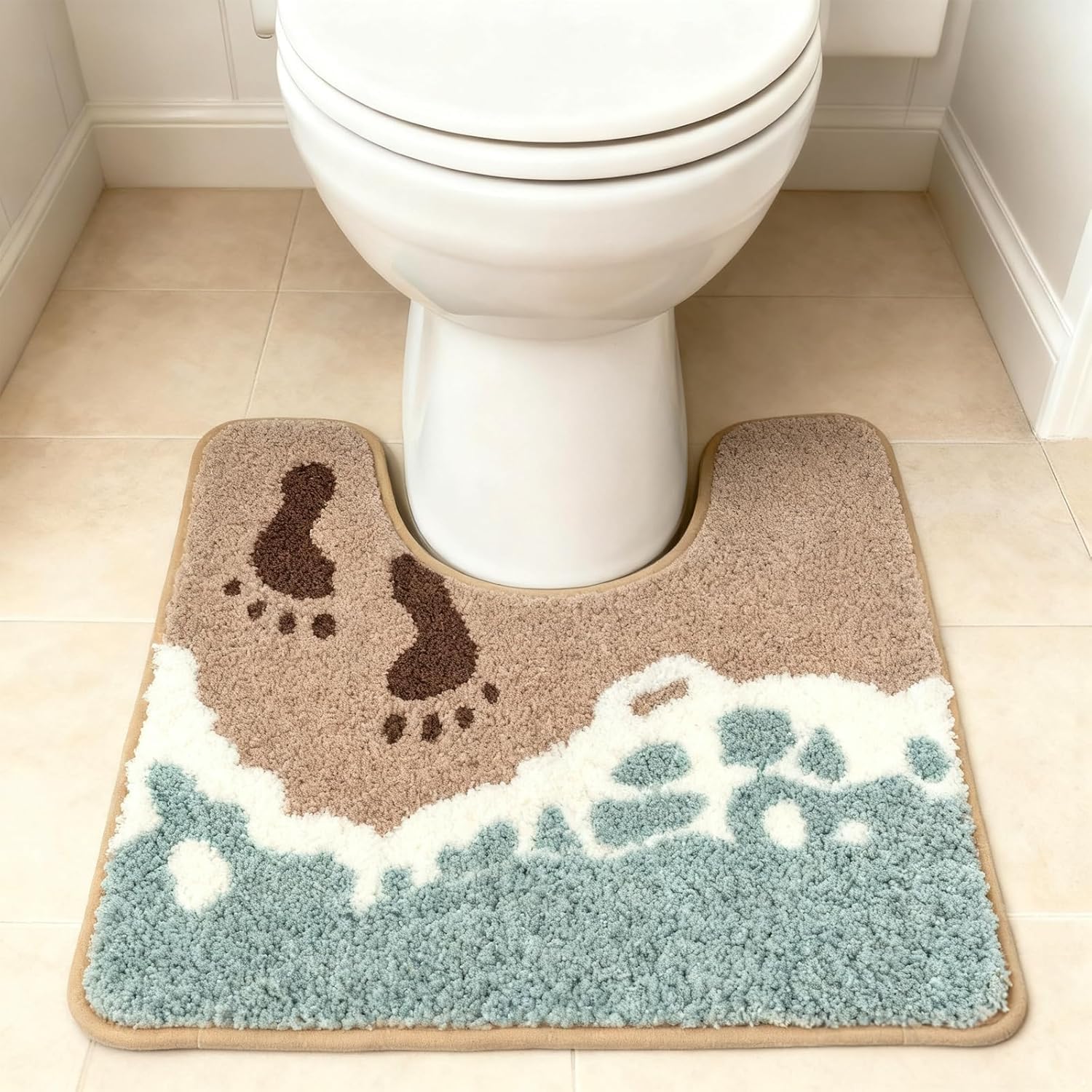Beach-Themed U-Shaped Toilet Mat, Coastal Non-Slip Bath Rug with Wave Design & Footprints, Soft Absorbent Microfiber Floor Mat for Toilet Base, Machine Washable Bathroom Decor 22x20in (Waves-Toilet) — image 1