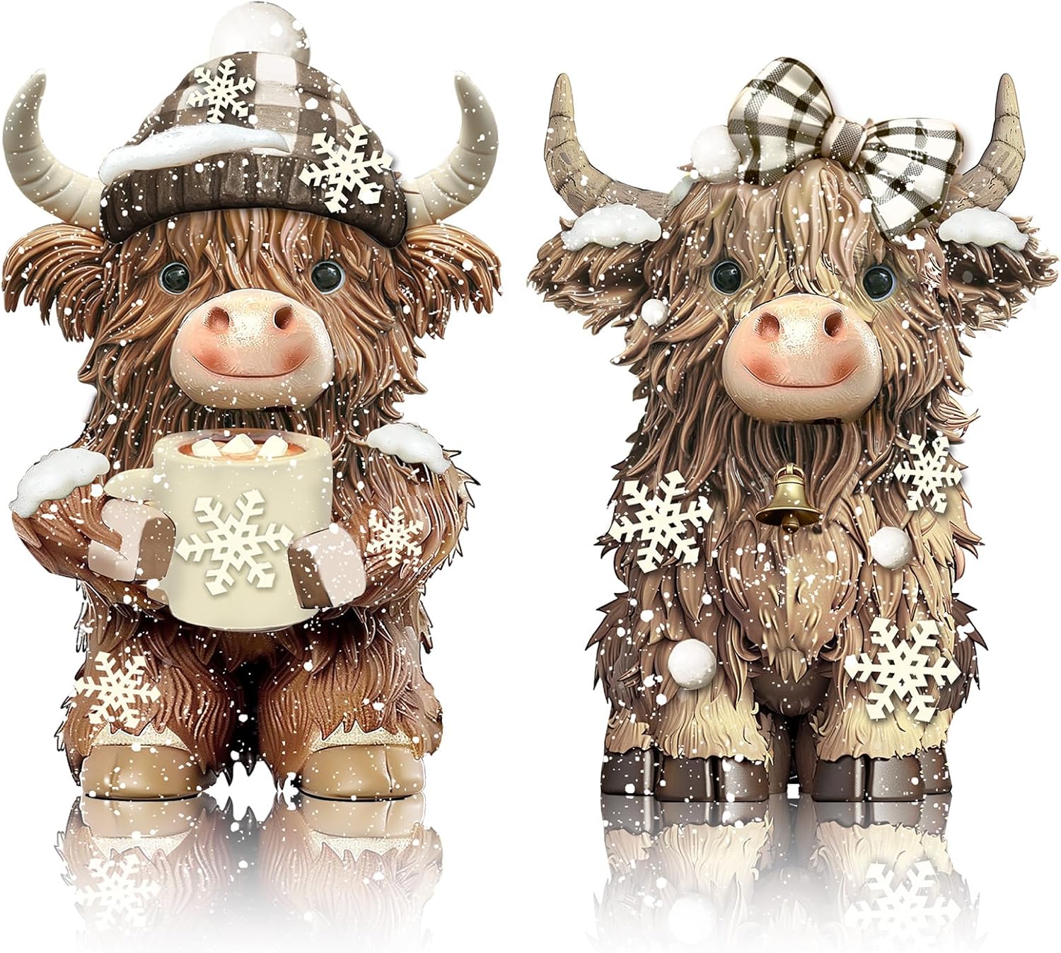 2 Pack Winter Highland Cow Figurine Decor Resin Winter Theme Highland Cow Christmas Gnomes Starfish Resin Christmas Statue for Garden Table Shelf Kitchen Home Decor Calf Gnome Herd Gifts
