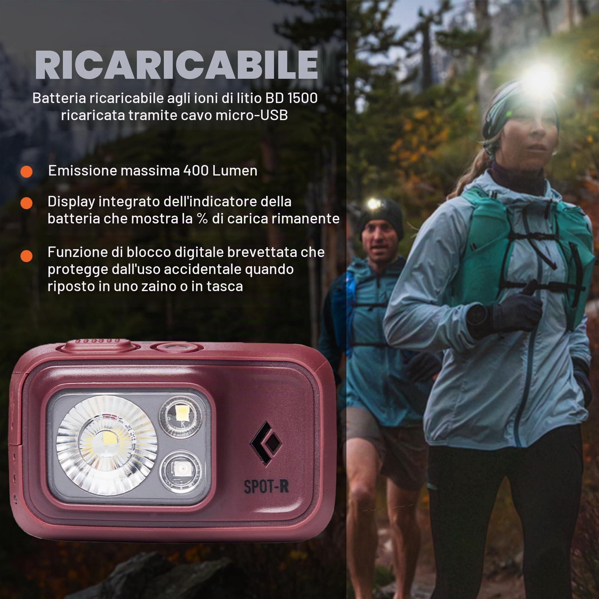 LINTERNA FRONTAL BLACK DIAMOND SPOT 400-R ROJA | 400 lumen, per escursioni, campeggio, corsa, zaino in spalla, emergenze, viaggi e trail running