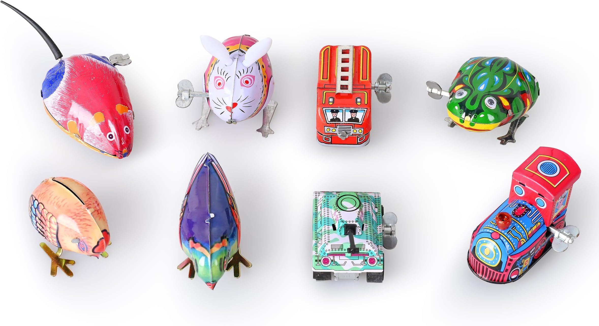 8 pcs Tin Wind Up Toy Clockwork Collection, Retro 80s Vintage windup Metal Cool Crazy Nerdy Xmas Office Gift, Rabbit, Frog, Bird, Mouse, Truck, Train, Tank
