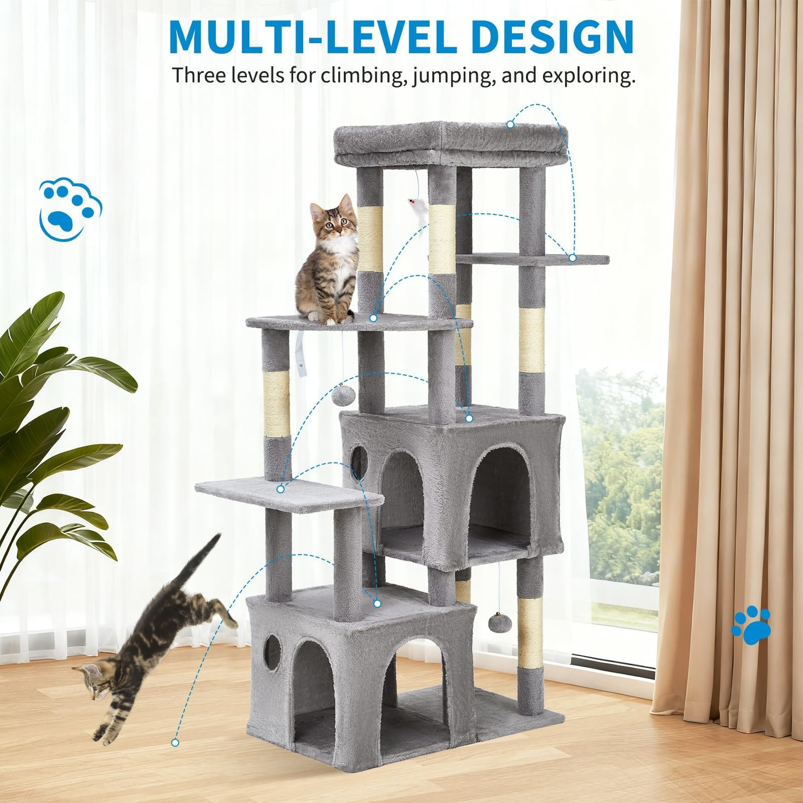 Árbol rascador de 156 cm, torre de escalada de varios pisos con 2 grandes cuevas para gatos, gran espacio de descanso superior, bolas de peluche extraíbles y kit antipuntas, área de actividad estable
