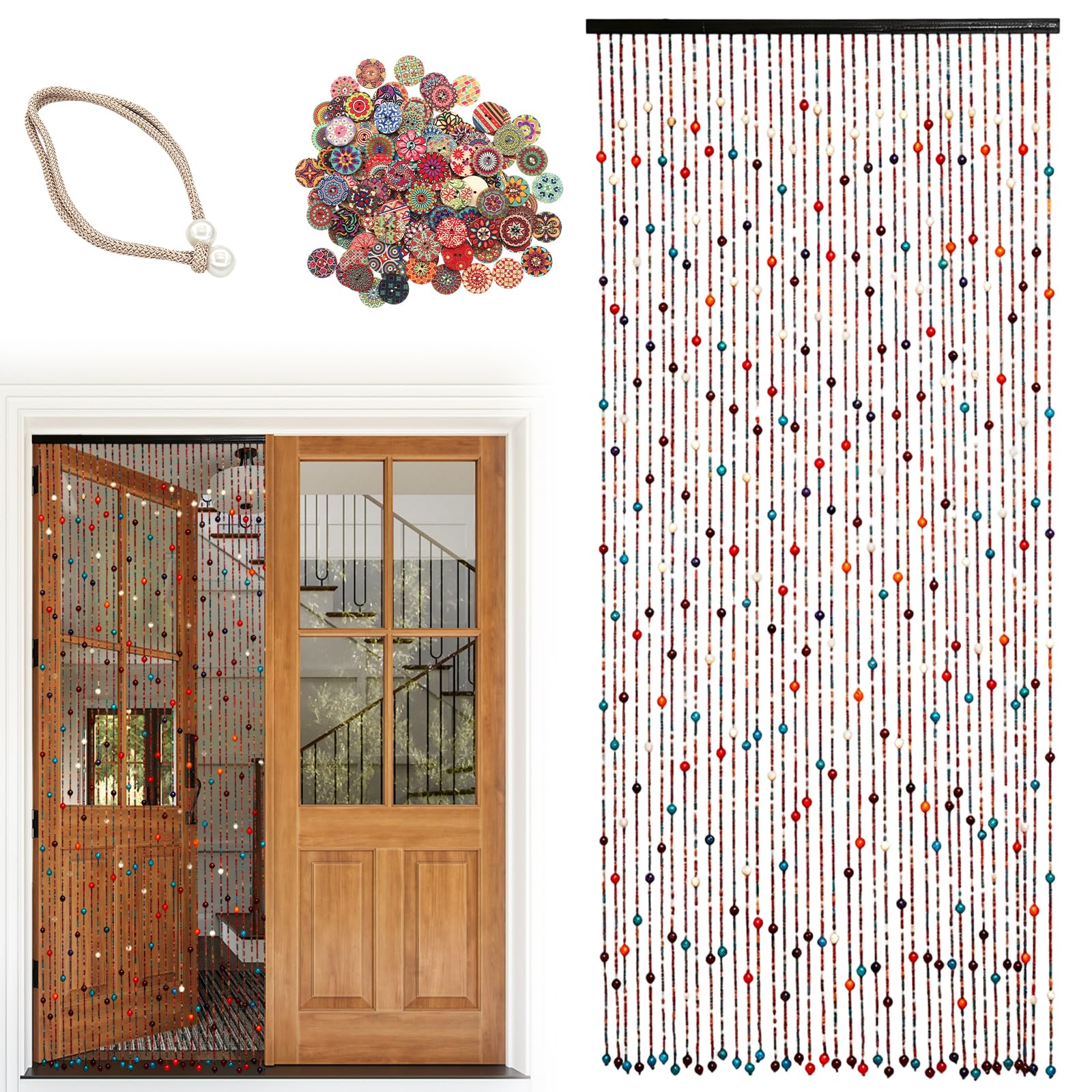 Rideau de porte à perles, 90 x 190 cm, 38 brins, style bohème | Rideau à fils à suspendre rétro en perles de bois avec 2 rubans en lin pour portes de chambres, balcons, cafés et couloirs