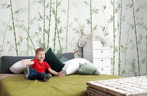 Miniatura 5 de Murwall Tropical Bamboo Tree with Paradise Birds Wall Mural Watercolor Bamboo Wallpaper Chinese Tree with Colorful Bird Wallpaper