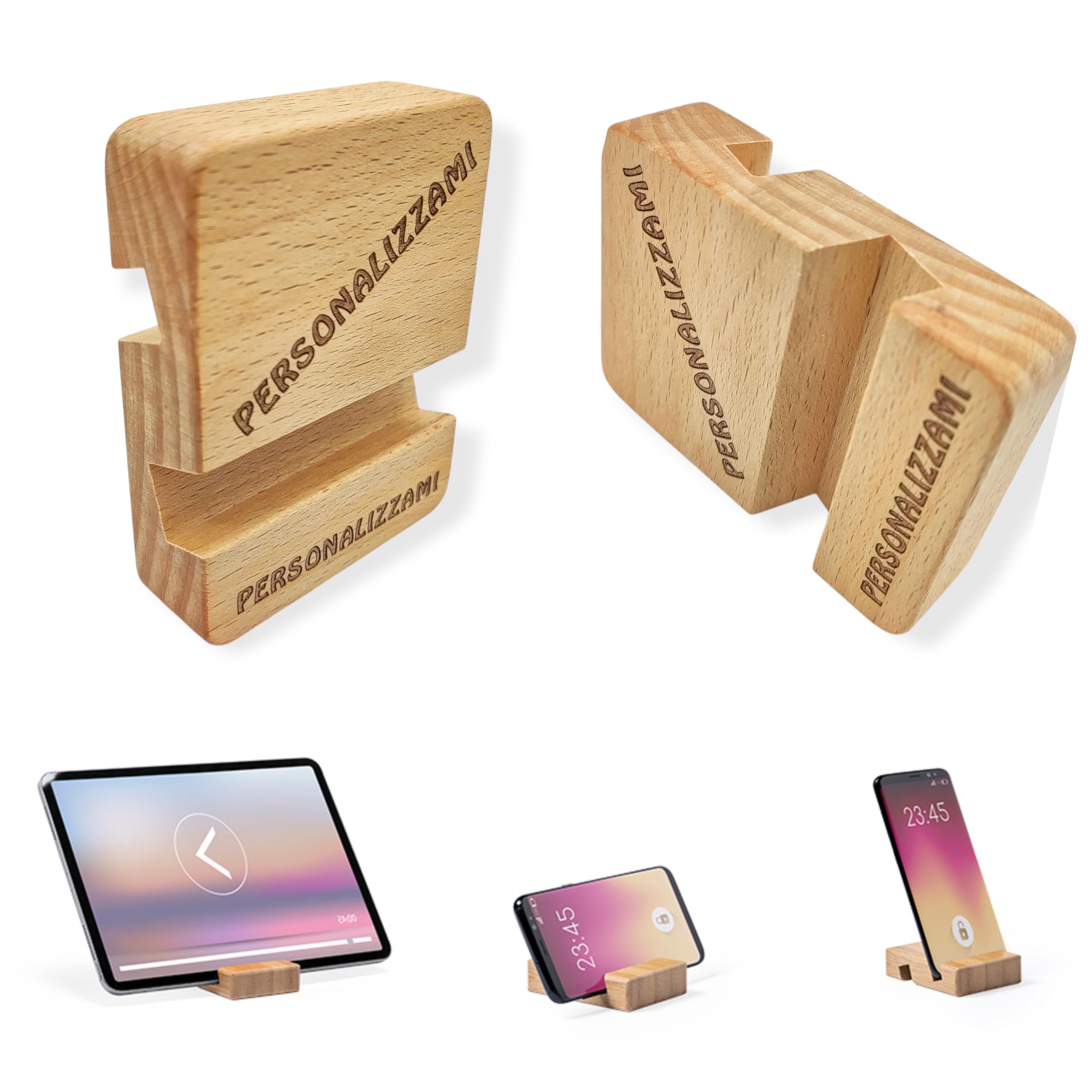 Porta Cellulare Universale da Tavolo in Legno Supporto per Smartphone Doppia Scanalatura per iPhone iPad