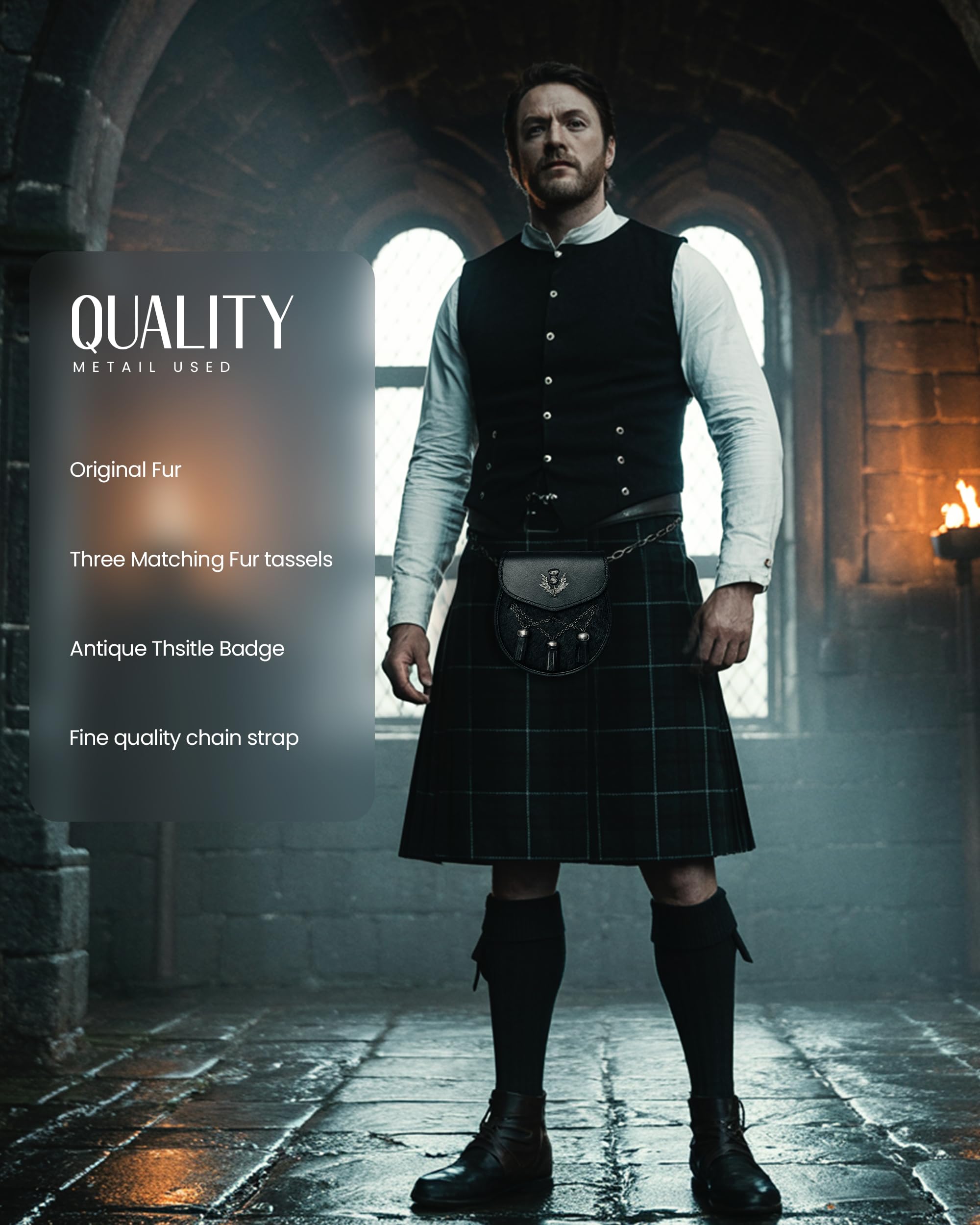 Scottish Kilt Semi Dress Sporran in vera pelle con nappe in pelle (badge cardo), Black, Prossoefinito - 4