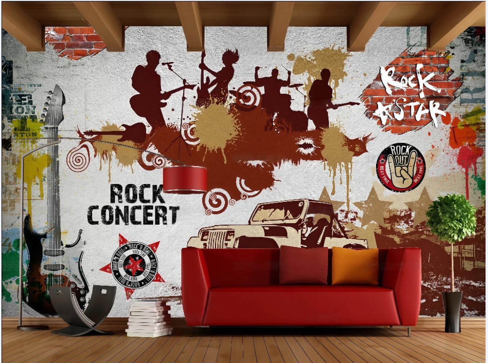 rskjdghshd Wallpaper Retro Nostalgic Cement Wall Graffiti Letters Rock Music Bar Dining Background Wall Western Restaurant Wallpaper Drink Cafe Mural,3D,300x210cm