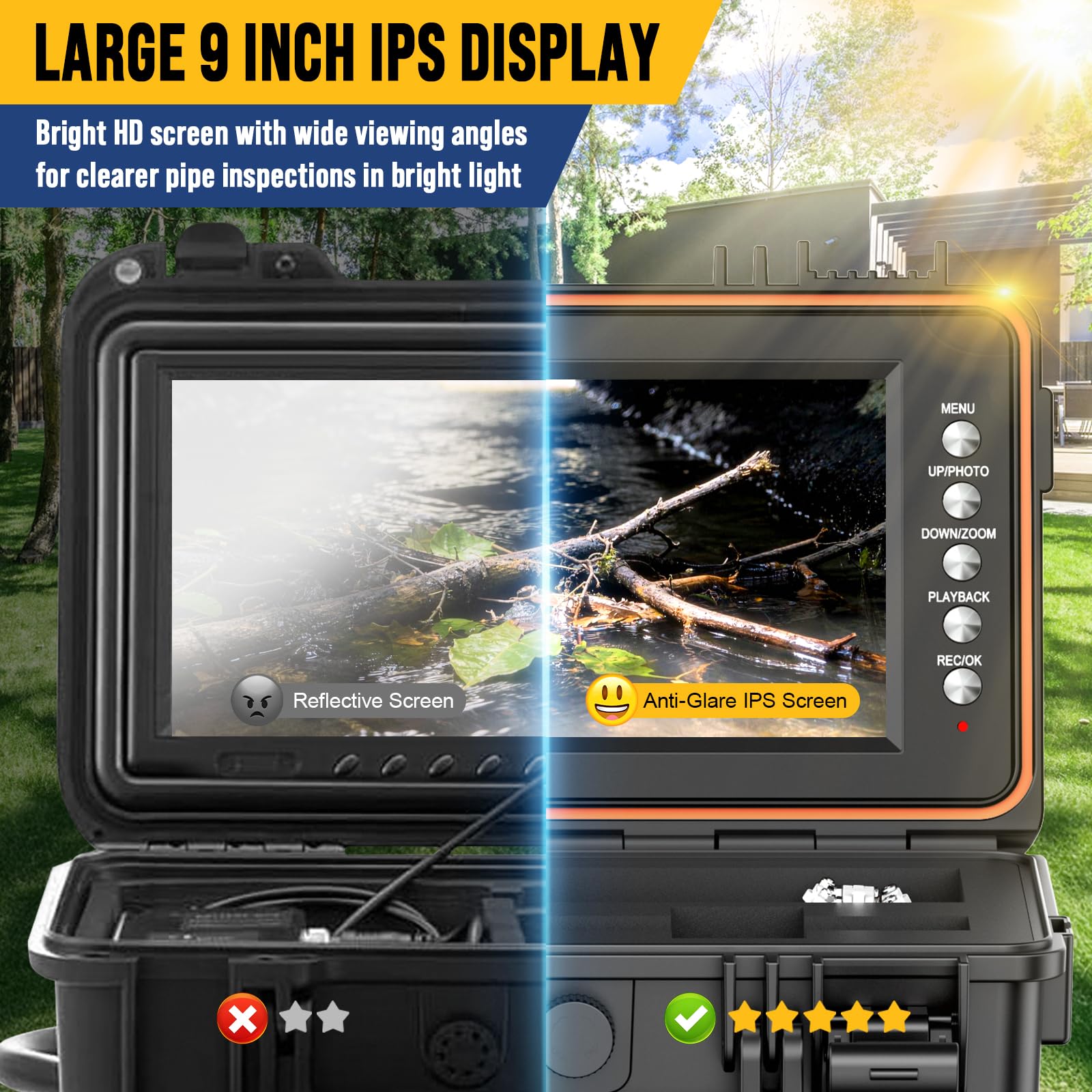 Anysun Cámara de Inspección 1080P, Auto-Nivelante Endoscopio Tuberías IP68 Impermeable con Transmisor 512Hz, Endoscopio HD IPS 9" con DVR, Cable con Marcado de Metros, Batería 5100mAh, Tarjeta 32GB