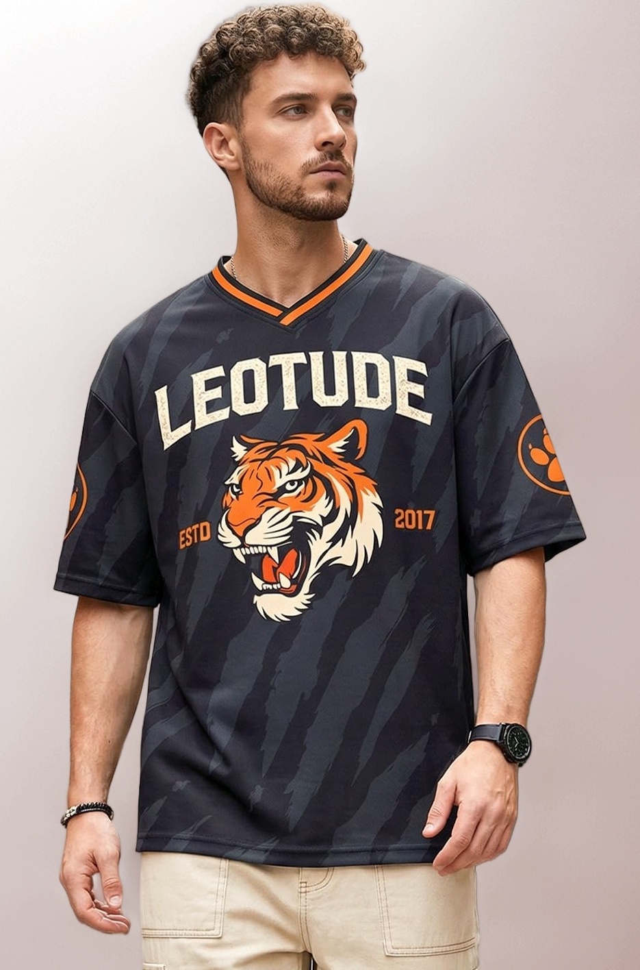 Buy LEOTUDE Men's Oversized Tiger Print Half Sleeve V-Neck T-Shirt