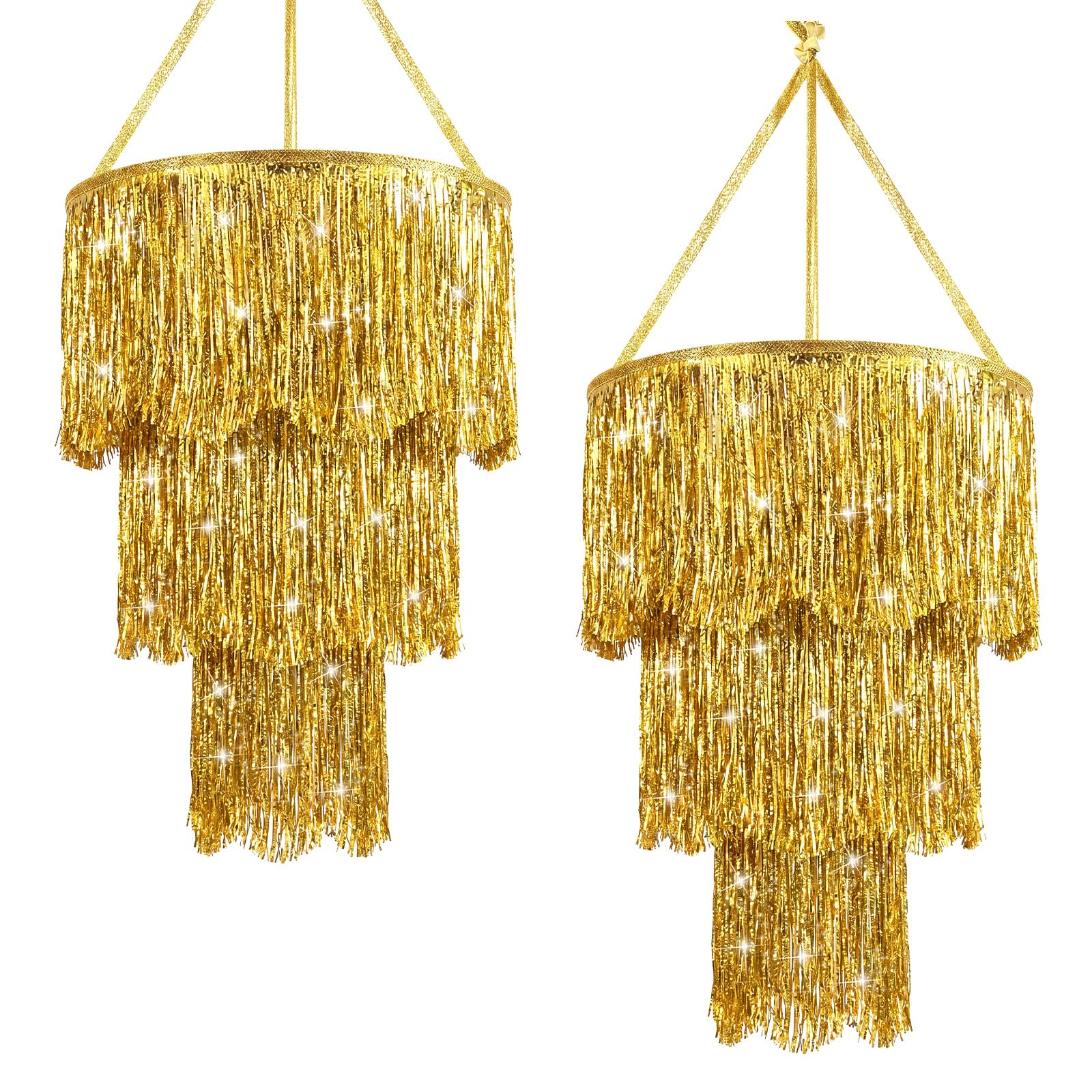 Photo 1 of Fumete 2 Pcs 3 Tier Tinsel Chandelier Scalloped Fringe Gold Chandelier Decoration Party Disco Ball Decor Metallic Foil Shimmering Birthday Bachelorette Party HBD Decor Photo Booth Supplies