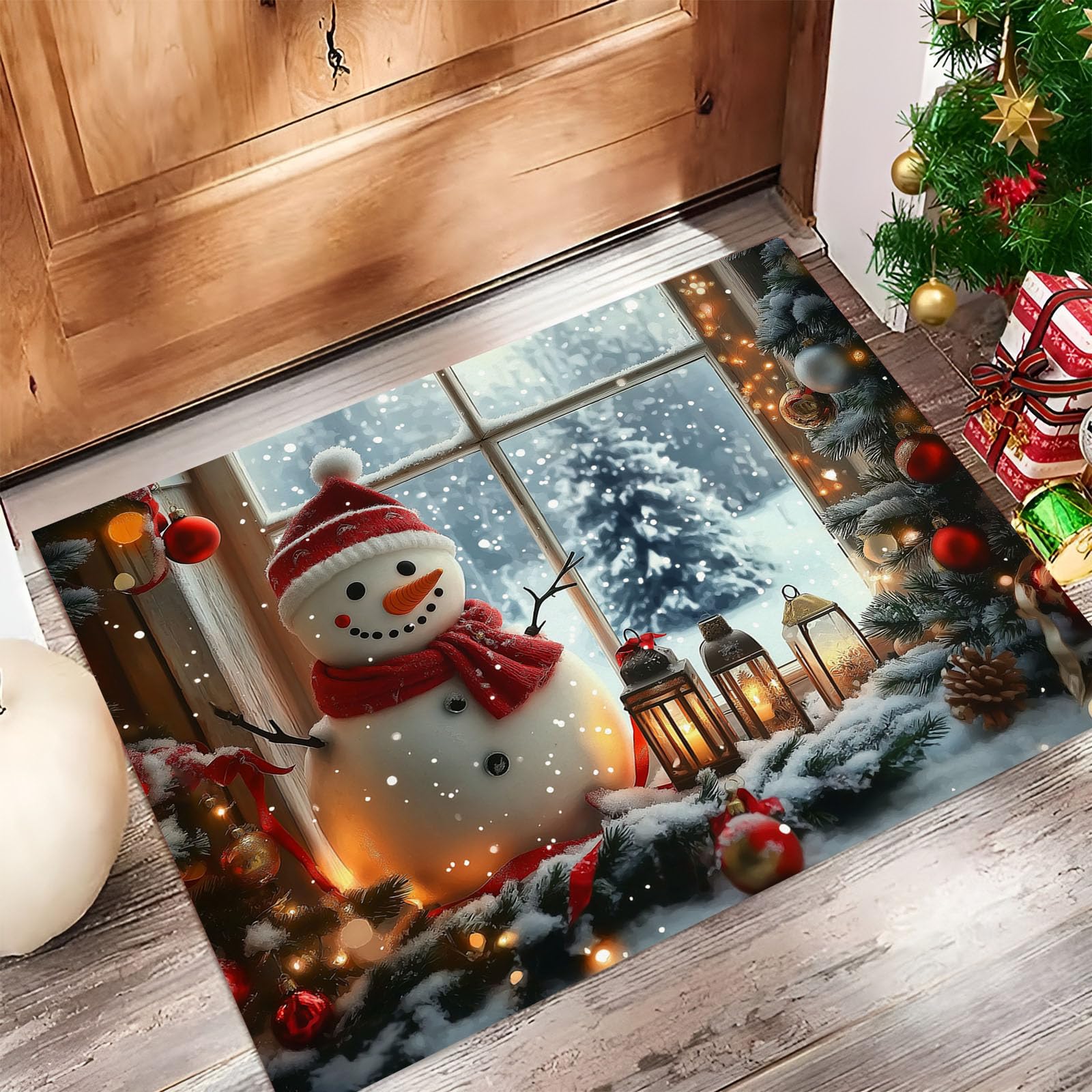 Felpudo Alfombra de Entrada Lavable, Decoraciones Navideñas Interior Muñeco De Nieve Farolillos Pequeña Alfombra Antideslizante Suave Superfina para Cocina Baño Dormitorio 90x150cm, Blanco grisáceo