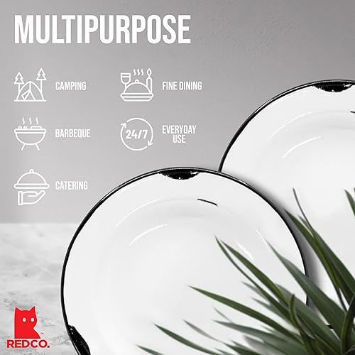 Miniatura 4 de Red Co. Juego de 4 platos de ensalada redondos clásicos de metal esmaltado de 8 pulgadas, borde blanco desgastado/negro