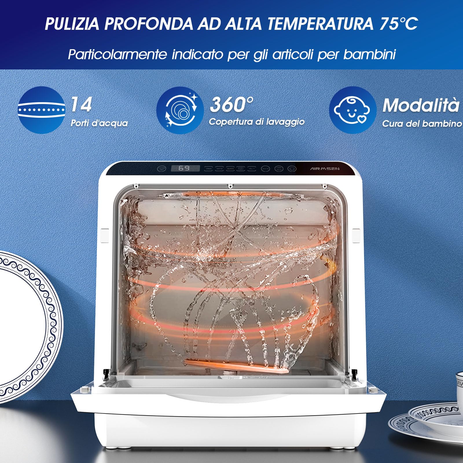 AIRMSEN Mini Lavastoviglie da Tavolo 5+1 Programmi, Serbatoio 5L, 2 Modi di Approvvigionamento Idrico, Touch Control e Display LED, Ideale per Cucine, Appartamenti e Dormitori, Bianco