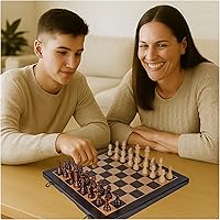 Vista 6 de 17" Magnetic Wooden Chess Set - Large Folding Travel Chess Board with Hand-Carved Pieces, Foam Storage Slots, 2 Extra Queens, Gift Box Packaging