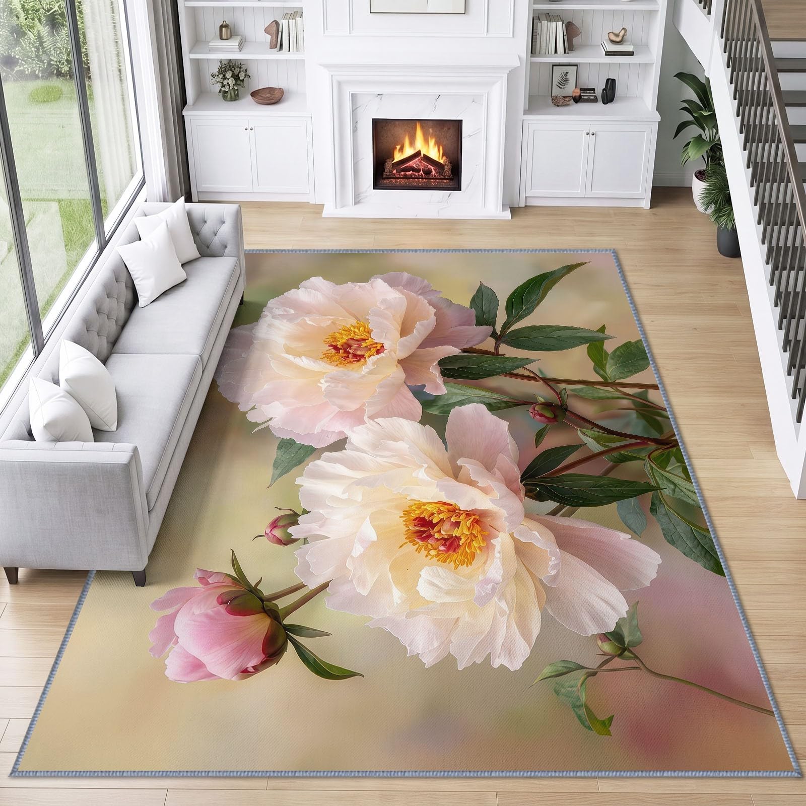 Générique Fleur Rouge Feuille Verte Tapis 140x200 cm Lavable en Machine, Floral Nature Tapis AntidéRapant Doux Poil Ras, pour Salon, Chambre et Salle à Manger
