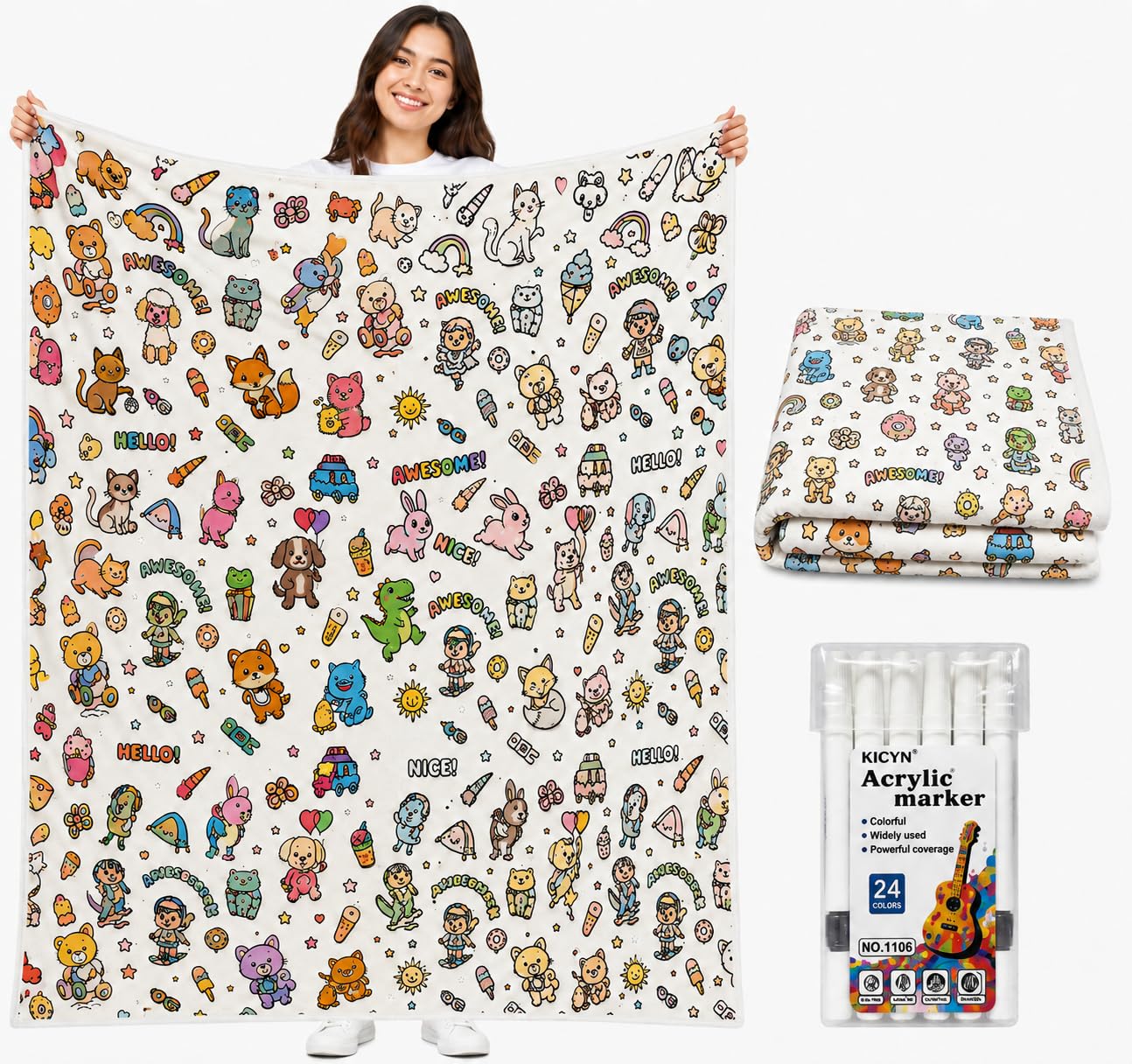 VEELU DIY Colouring Blanket with 24 Coloured Markers, Washable Colour-In Blankets for Adults, Sherpa Fleece Colouring Blanket Kit, Soft Fuzzy Velvet Creative Colour-In Throw Blanket (Cute animals)