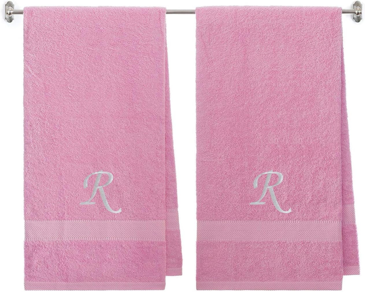 BY LORA Embroidered Terry Cotton Bath Towel for Bath, Shower - 27 x 54 inches - 2-Pack - Pink Color Towel - Silver Script Initial R