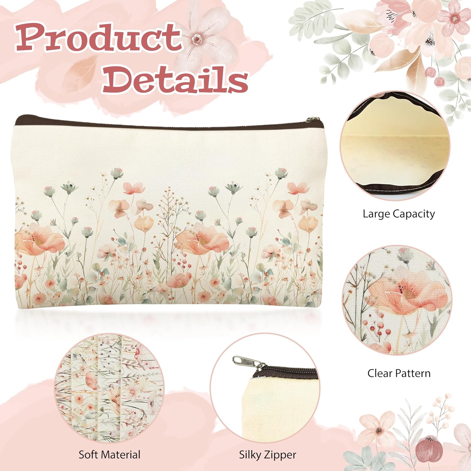 24 Pcs Floral Makeup Bags Bulk for Women Wildflowers Cosmetic Bags Aesthetic Floral Canvas Travel Pouch Wildflower Toiletry Bag with Zipper for Bridesmaids Gifts Cosmetics Organizer Supplies - Image 3
