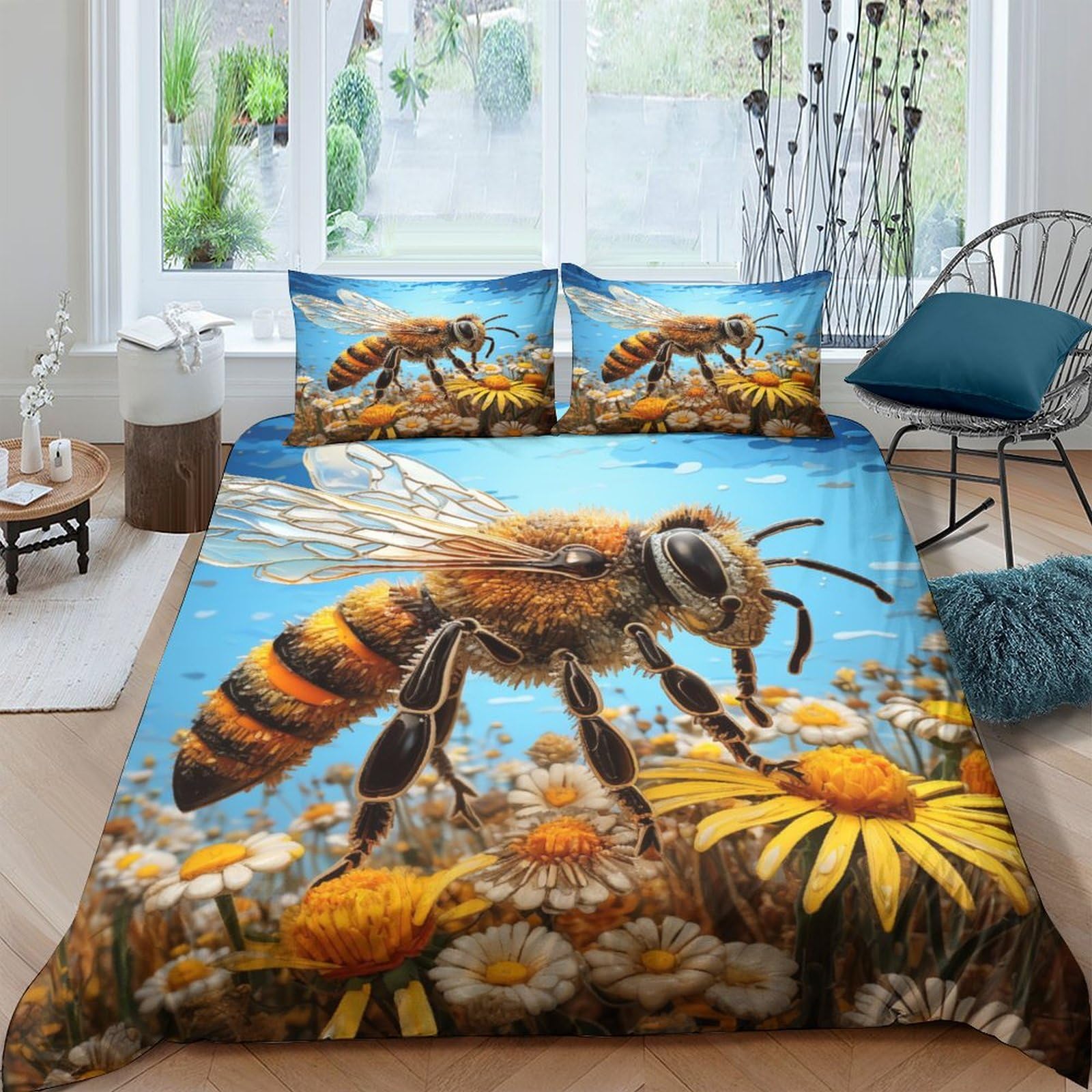 Parure de lit abeille housse de couette 3D fleur jaune microfibre 220x240 fermeture