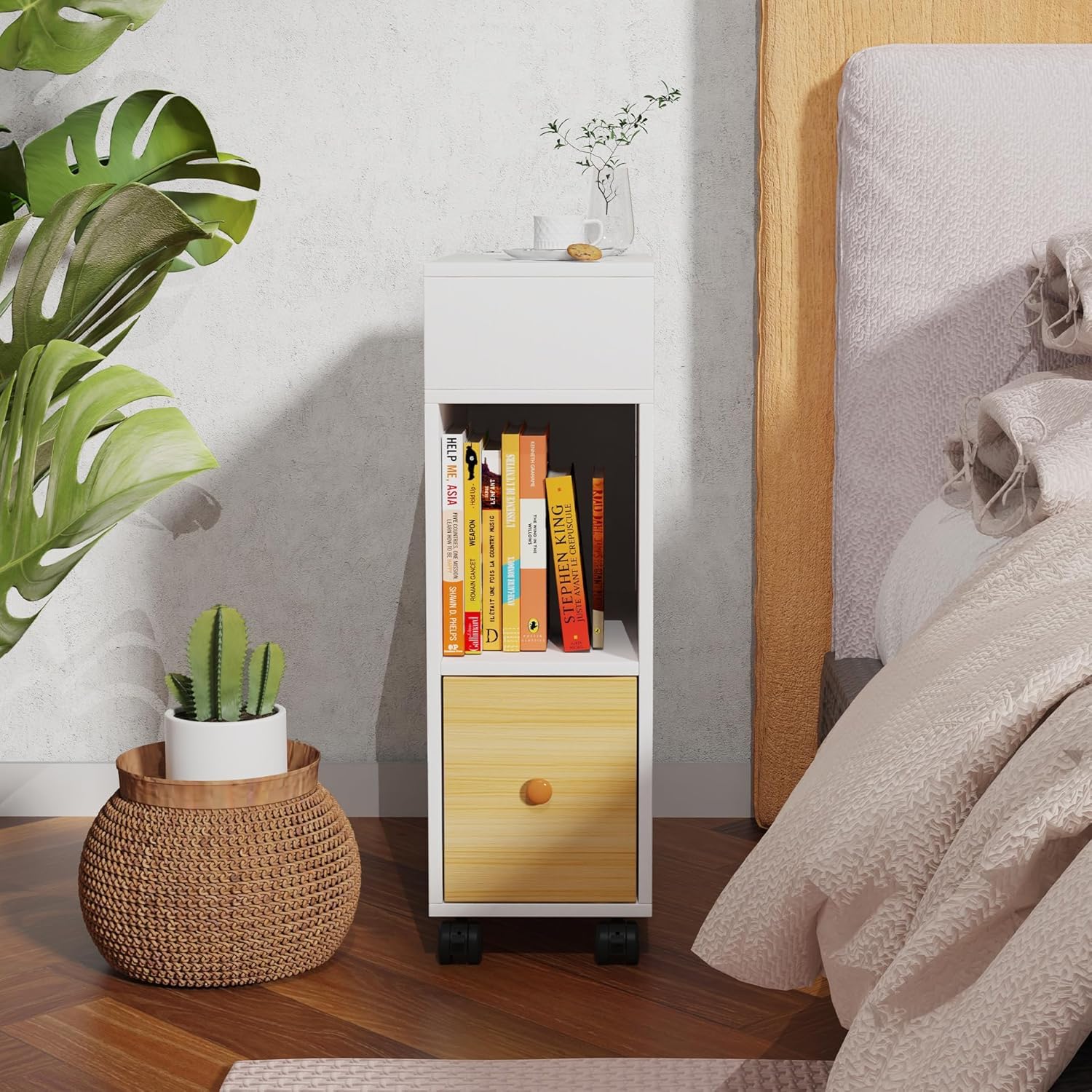 Comodino Stretto Alto con Ruote e 2 Scomparti 25x50x70cm Blanc