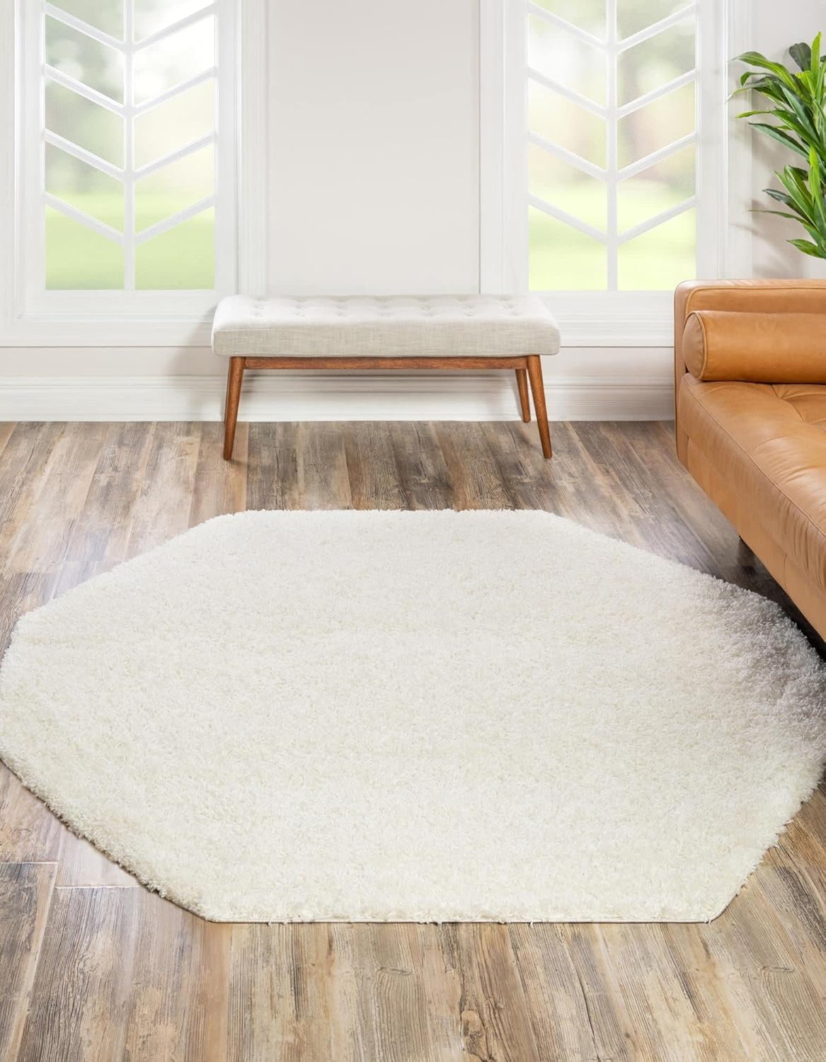 Rugs.com - Uber Cozy Solid Shag Collection Rug  8 Ft Octagon Snow White Shag Rug Perfect for Living Rooms, Kitchens, Entryways