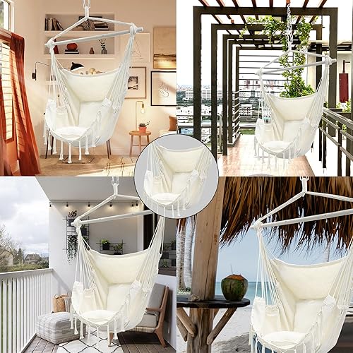 Miniatura 4 de Sutekus Silla de hamaca colgante de cuerda con 2 cojines, silla hamaca colgante de cuerda con kit de accesorios de acero para patio al aire libre,