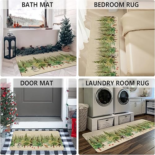 Miniatura 5 de Juego de 2 alfombras y tapetes de cocina de Feliz Navidad, zorro de los pinos, bosque nevado, ciervos, copos de nieve, vacaciones de invierno