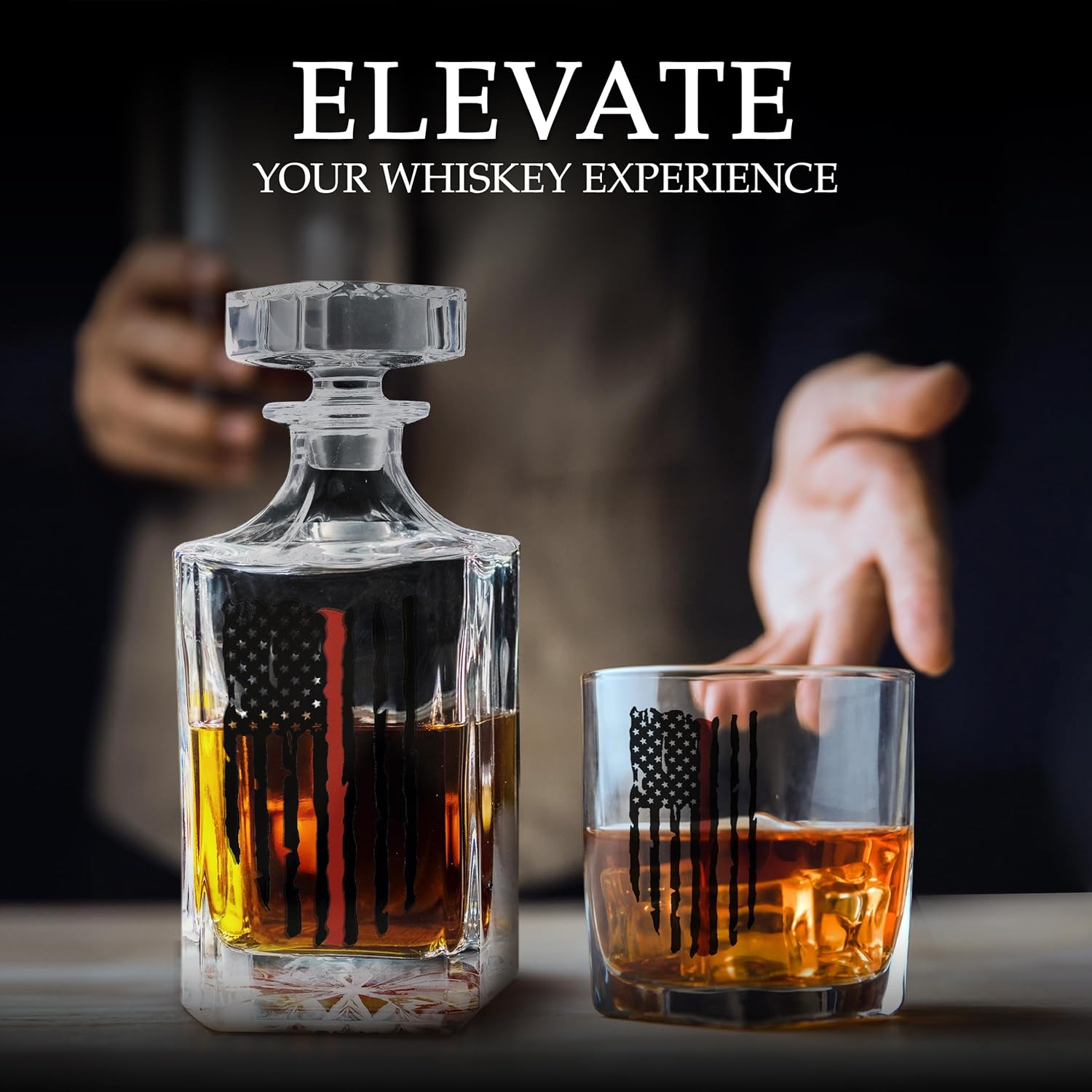 Rogue River Tactical Thin Red Line Tattered Worn American Flag USA Whiskey Decanter With Airtight Glass Stopper Custom Gift For Firefighter Fire Department FD - Image 6