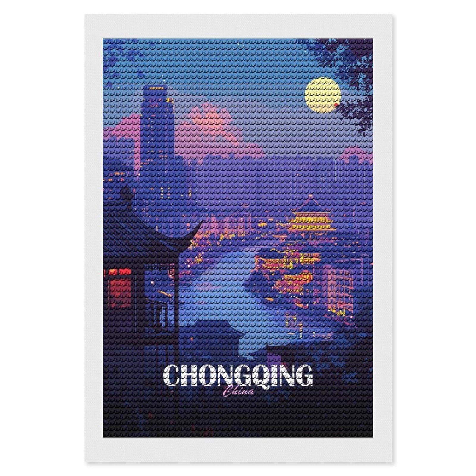 Junmoney Chongqing China Cityscape at Night Diamond Painting Canvas Kit 8"x12", Adhesive Canvas, Christmas Gift, Full Kit Included, Thoughtful Present