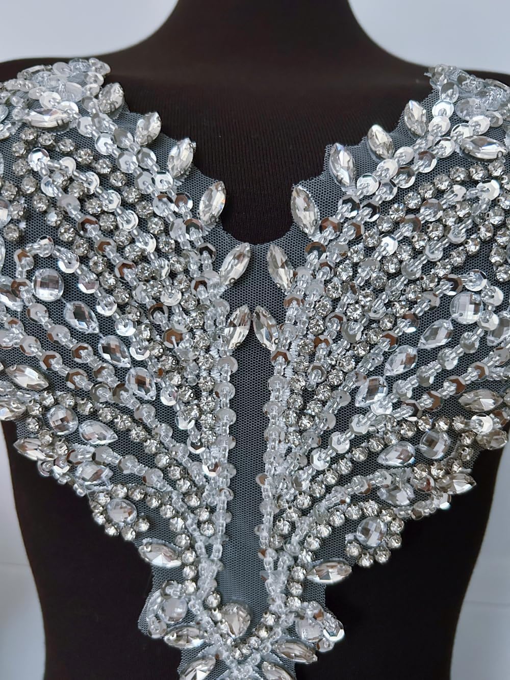 Rhinestone Applique Patches - Symmetrical Floral Glass White Lace Patches for Neckline & Bodice Decoration, DIY Sew-On Embellishment for Dresses, Skirts