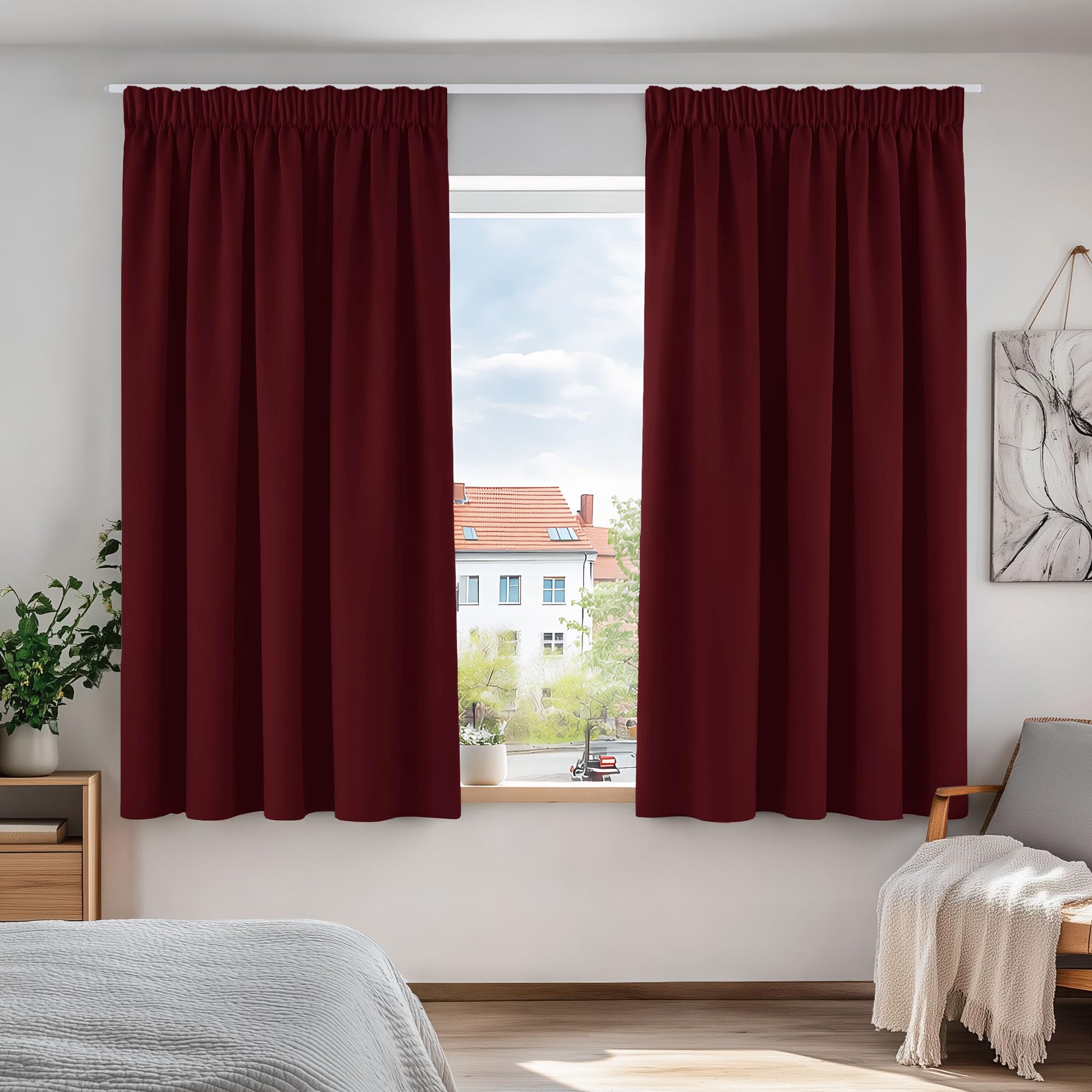 Deconovo Girls Red Solid Pencil Pleat Curtains Thermal Insulated Tape Top Blackout Curtains For Room 66 X 54 Two Panels