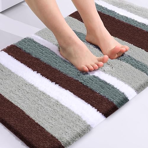 Buganda Alfombra de baño de microfibra a rayas, extragruesa, suave y peluda, absorbente, lavable a máquina, antideslizante, para baño, bañera y