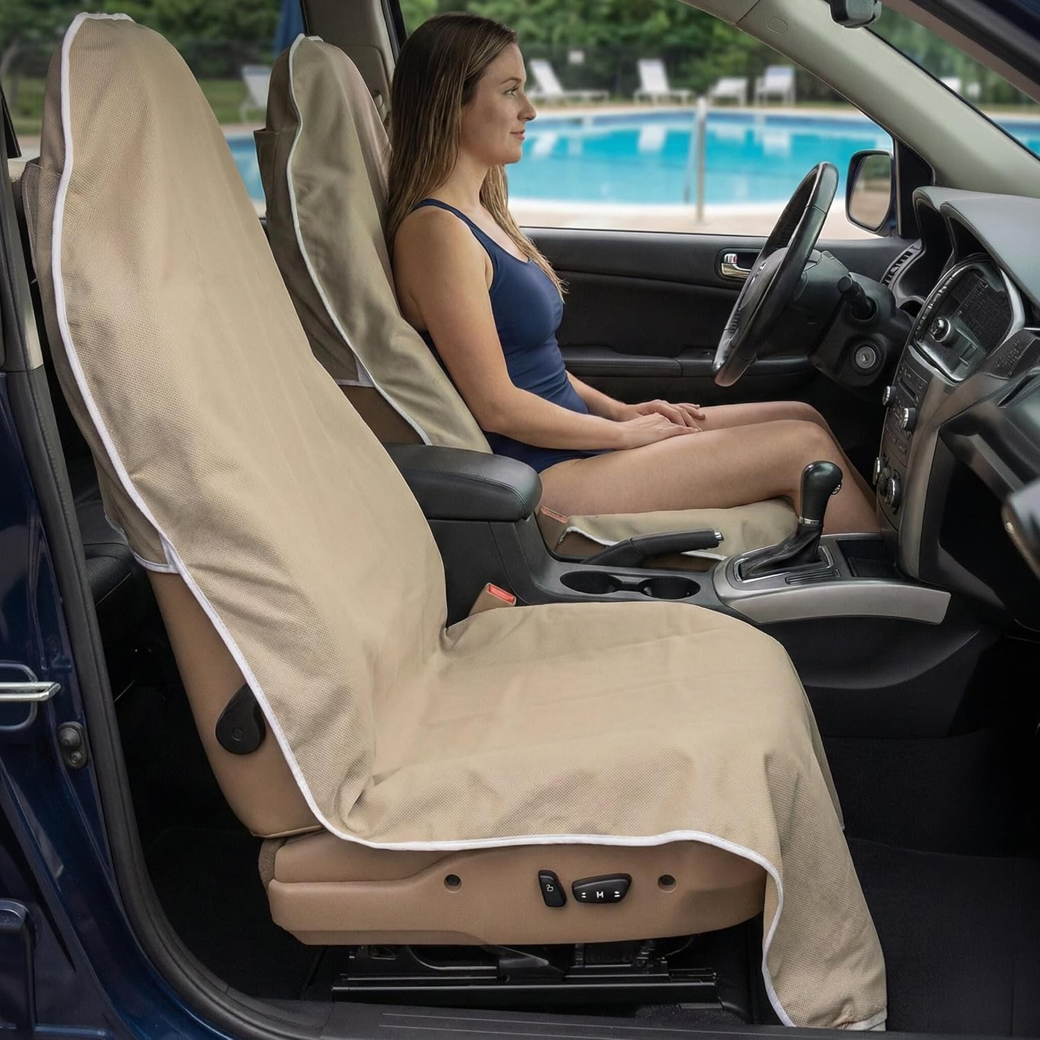 Dri Seats Waterproof Car Seat Cover – Premium Sweat Towel with Slip Resistant Backing for Front Seats in Cars, Trucks, SUVs – Universal Seat Covers & Liner, Easy Install (Tan, Large)