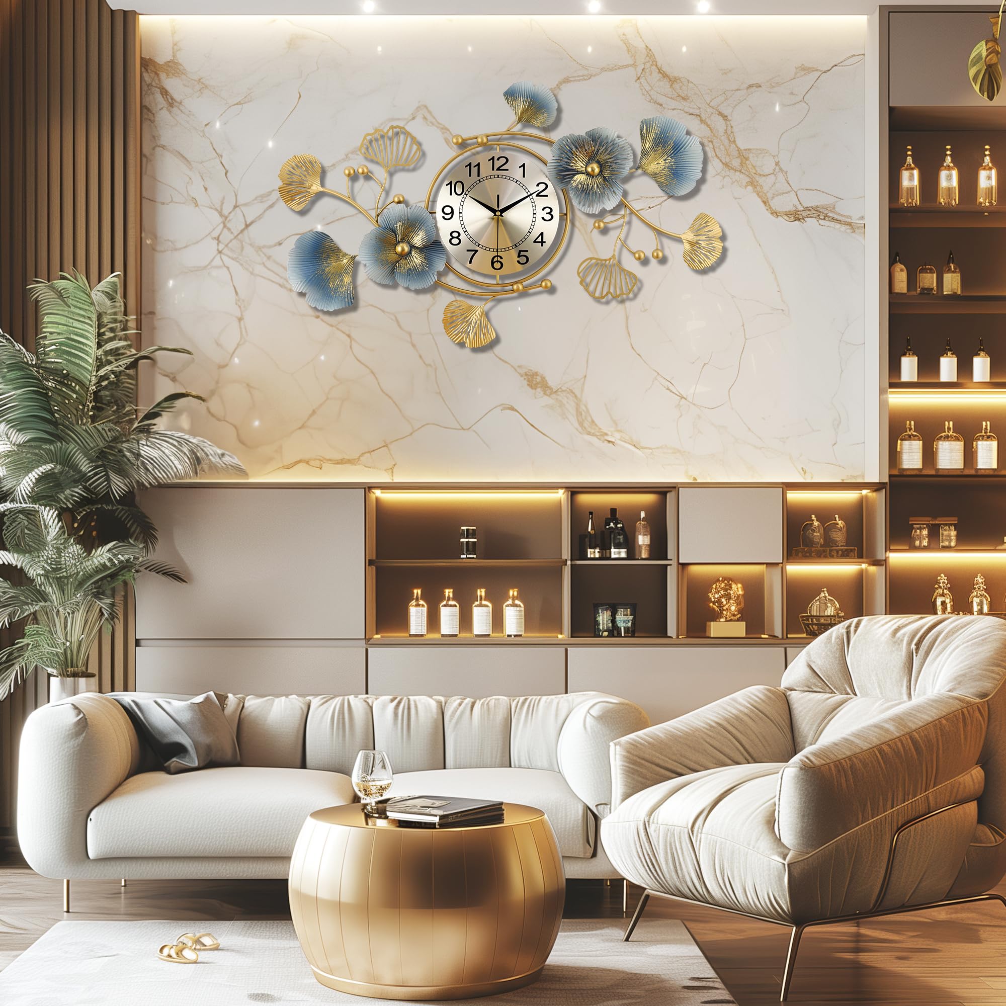 Lafocuse Silent 33x19 Inch Metal Unique Luxury Ginkgo Leaf Wall Clock Battery Operated, Mordern Art Deco Large Blue and Gold Wall Clocks, Wall Decor for Living Room Kitchen Office