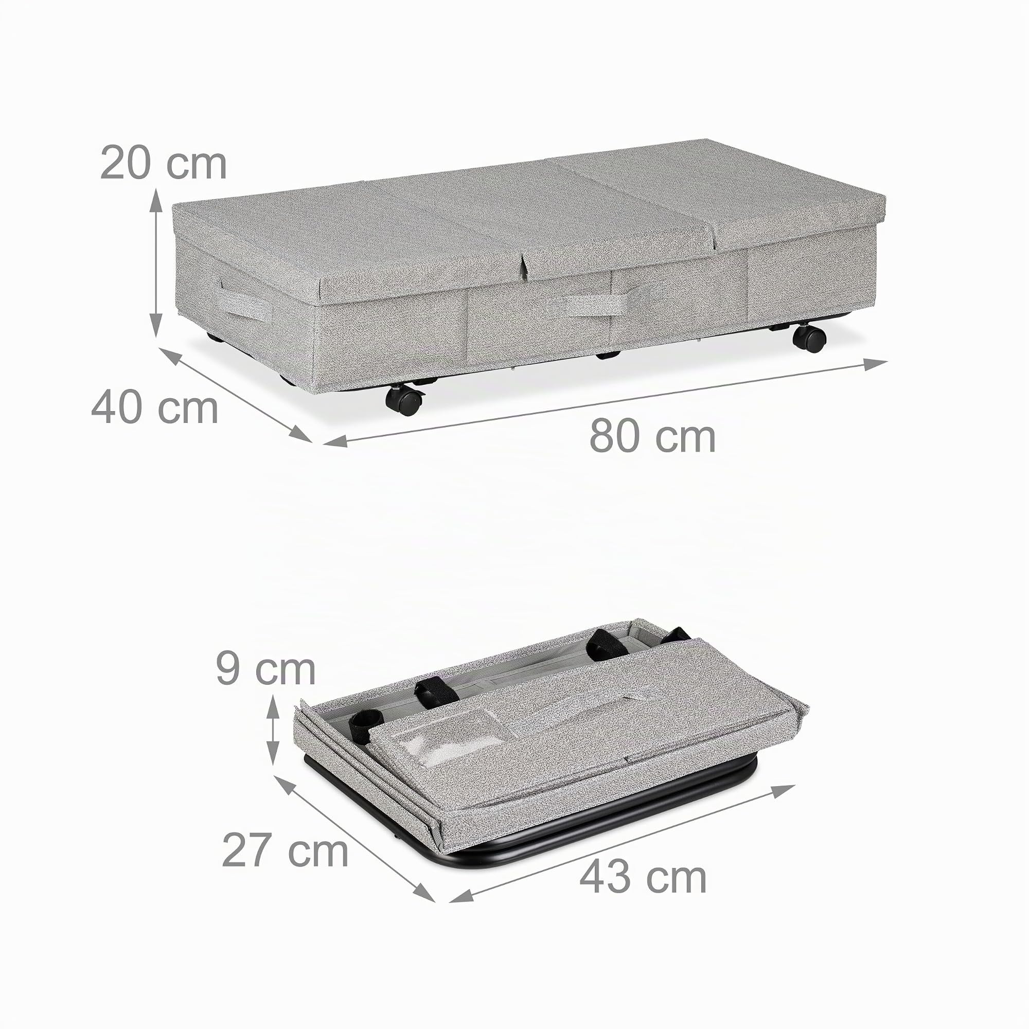 Relaxdays Cajas de Almacenaje Bajo la Cama, Pack de 2, 50 litros, con Ruedas, 20 x 80 x 40 cm, Plegables, con Tapa, Gris