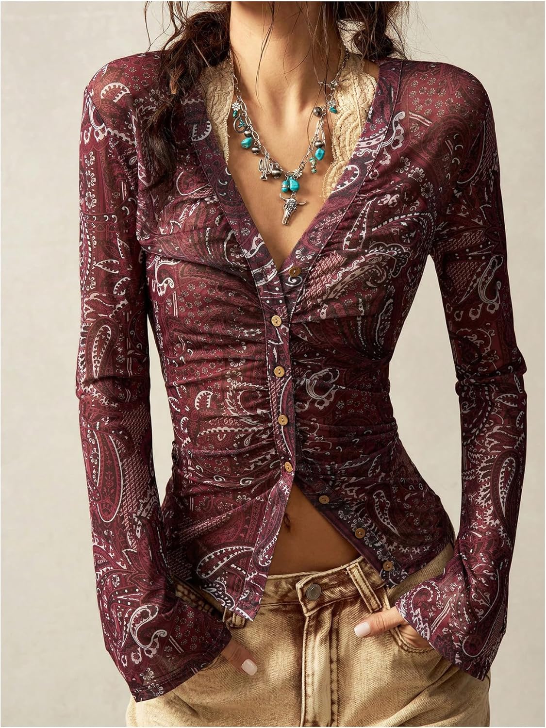 Women's Boho Paisley Button Down T Shirt V Neck Vintage Y2K Long Sleeve Fitted Fall Tee Tops - Image 5