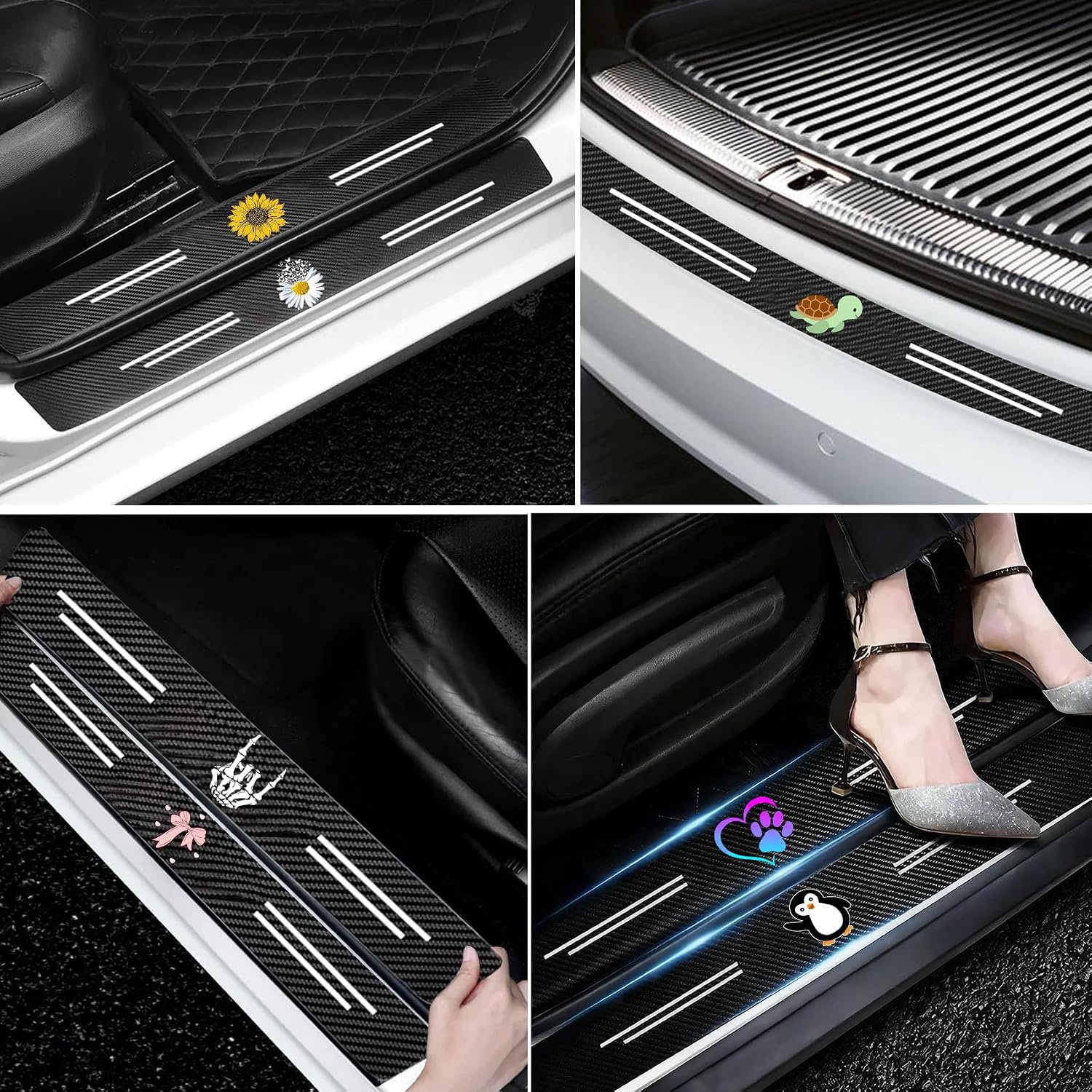 Cat 5PCS Car Door Sill Protector,Carbon Fiber Leather Door Sill Sticker,Decor Doors Sill Scuff Plate Sticker for All Car Models,Cats Gifts for Men Women,Cat Car Accessories Decor