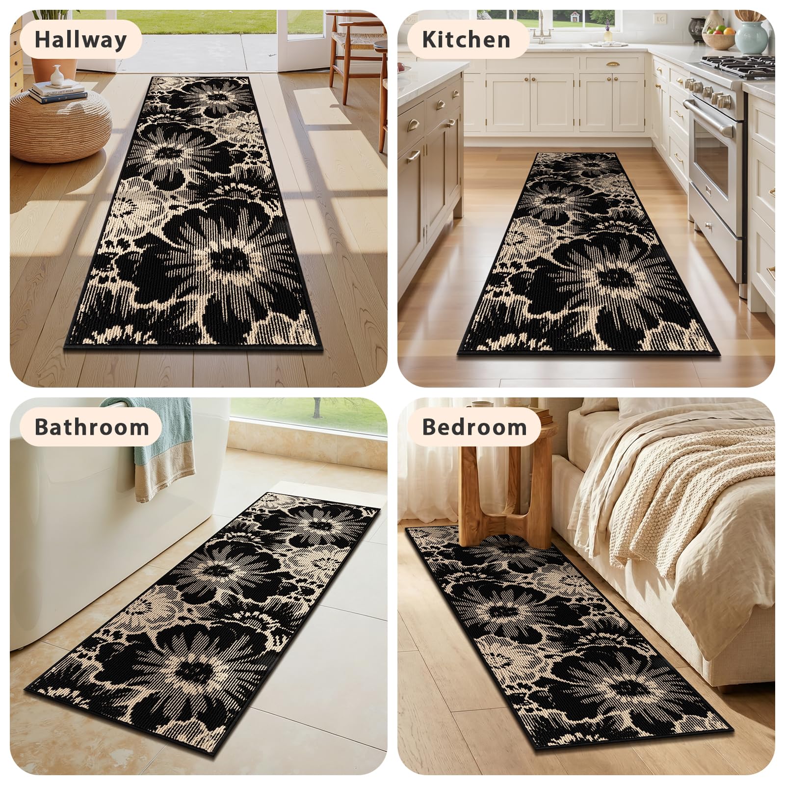 Tappeto Corridoio 80x300cm, Tappeto Passatoia Cucina Antiscivolo Lavabile Tappeti Cucina Assorbente Passatoia per Corridoio, Ingresso, Salotto - Bianco e nero