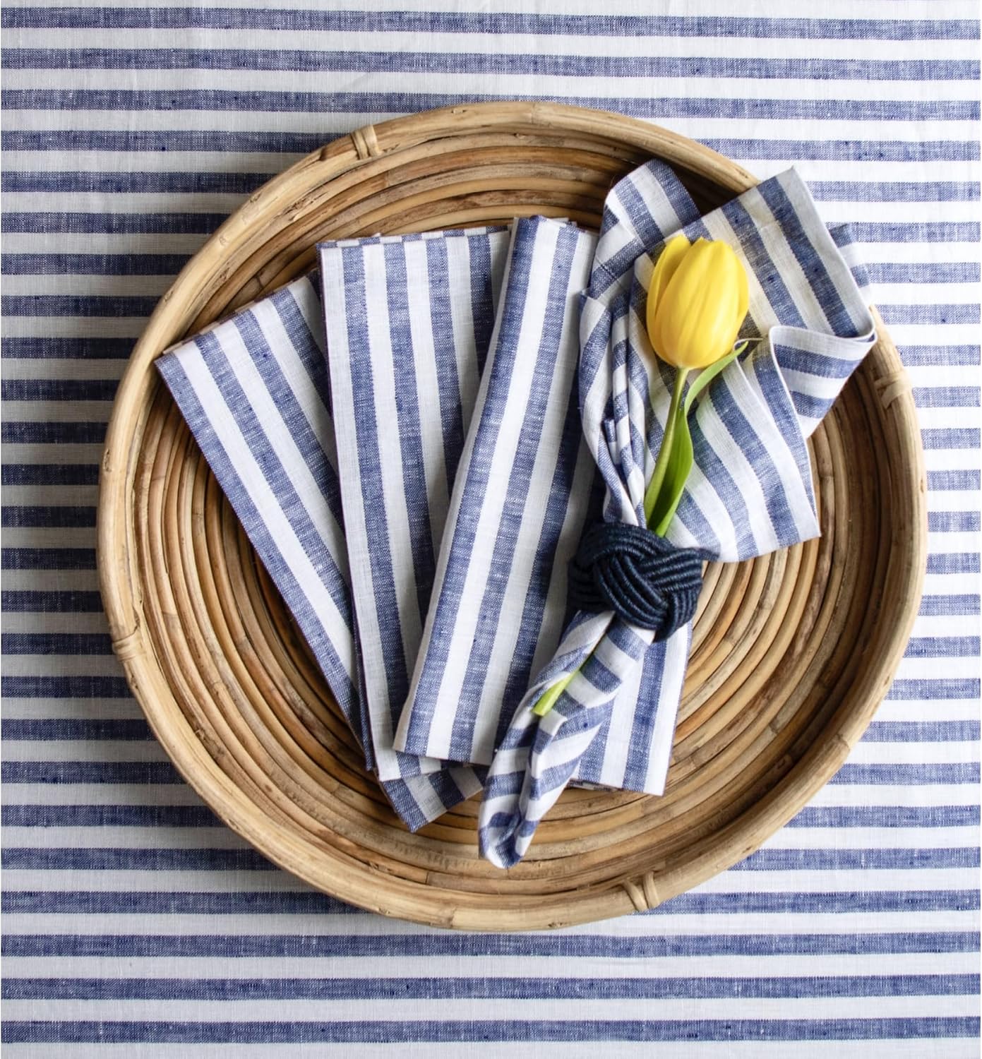 Solino Home Linen Napkins Set of 4-100% Pure Linen Amalfi Stripe Navy and White Cloth Dinner Napkins 20 x 20 Inch for Spring, Easter, Mothers Day - Handcrafted and Machine Washable - Image 2