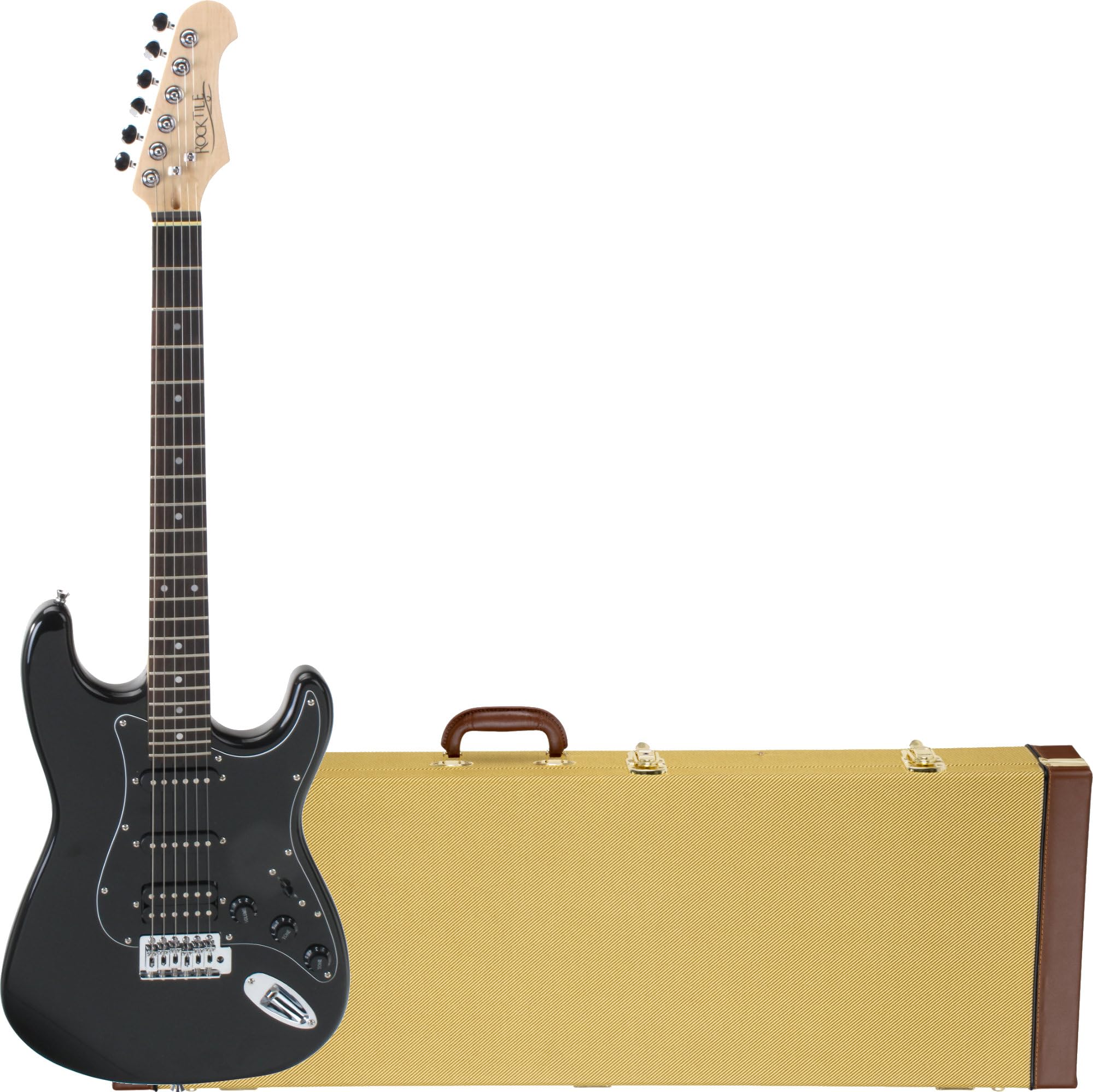 Rocktile Pro ST60-BK E-Gitarre All Black Hardcase Set – Mahagoni-Korpus, Humbucker & Single-Coil Tonabnehmer, inkl. Hartschalenkoffer – Ideales E-Gitarren-Set für Einsteiger und Fortgeschrittene
