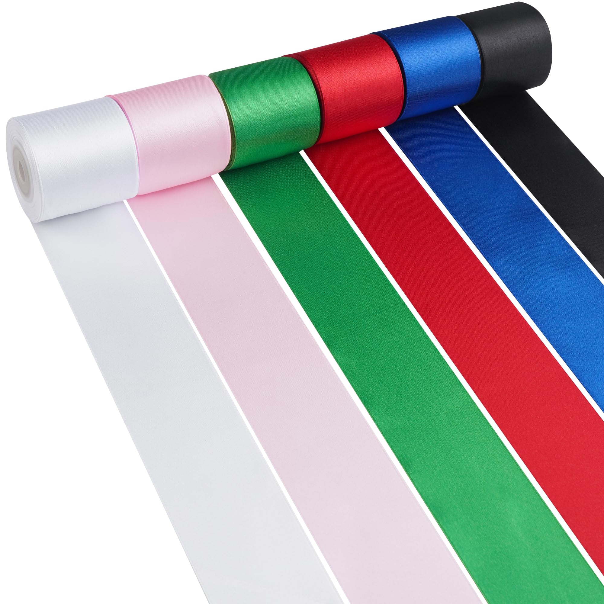 LIUYAXI Rainbow Satin Ribbon 2 Inch x 6 Rolls Total 60 Yards - Red/Green/Black/White/Pink/Blue Double Faced Stain Ribbon for Gift Wrapping Craft