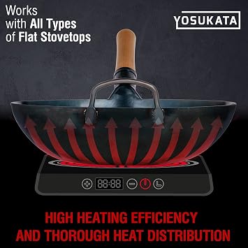 YOSUKATA Flat Bottom Wok Pan - 13.5 Blue Carbon Steel Wok + 17 Spatula and Ladle - Set of 2 Heat-Resistant Tools + Wok Lid 12.8 Inch