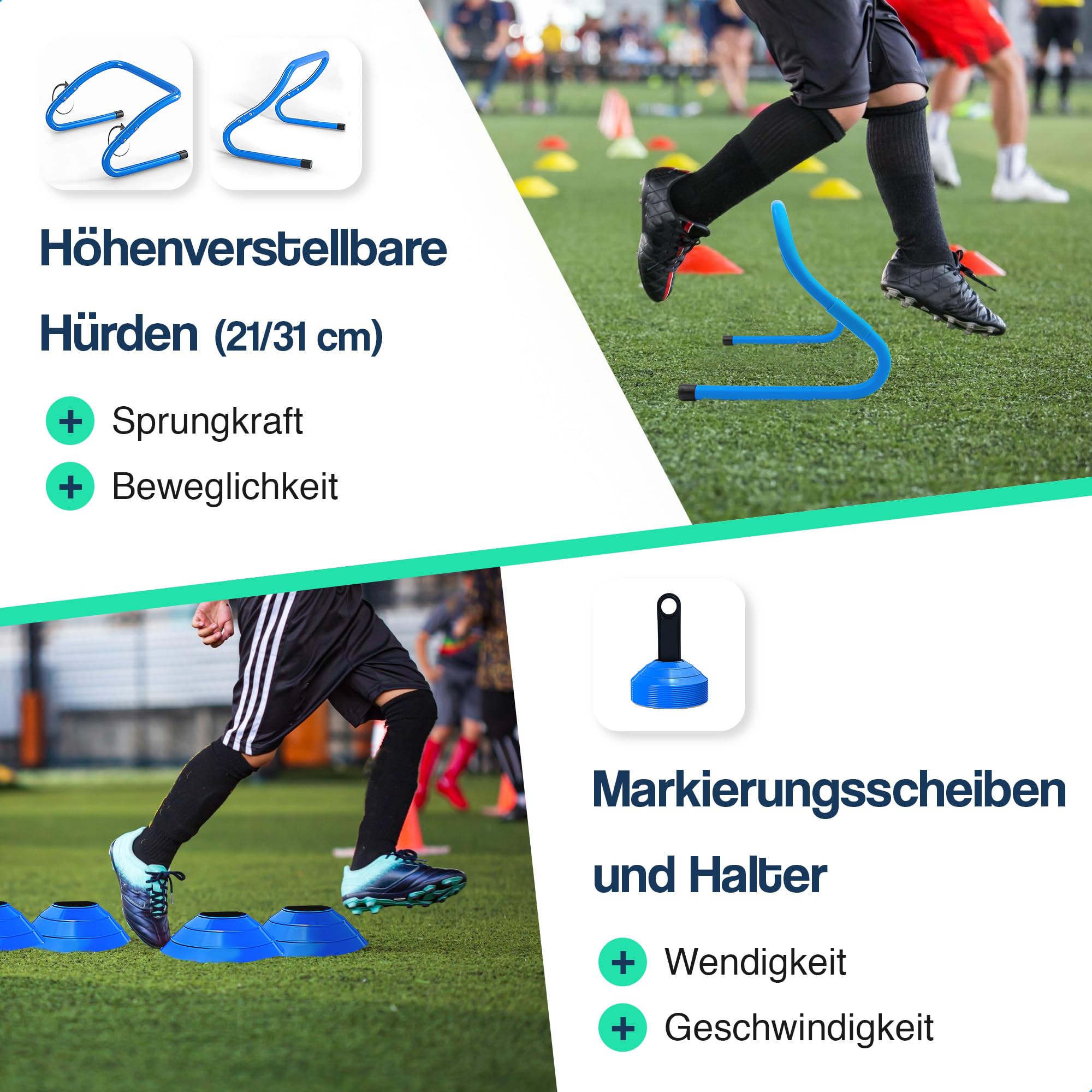 Hulser Fußball Trainingszubehör 26-teilig - Mit Koordinationsleiter 6 m, Hürden, Markierungshütchen, Springseil, Widerstandsfallschirmund und Widerstandsband-Set - Bewegungsgeschwindigkeit