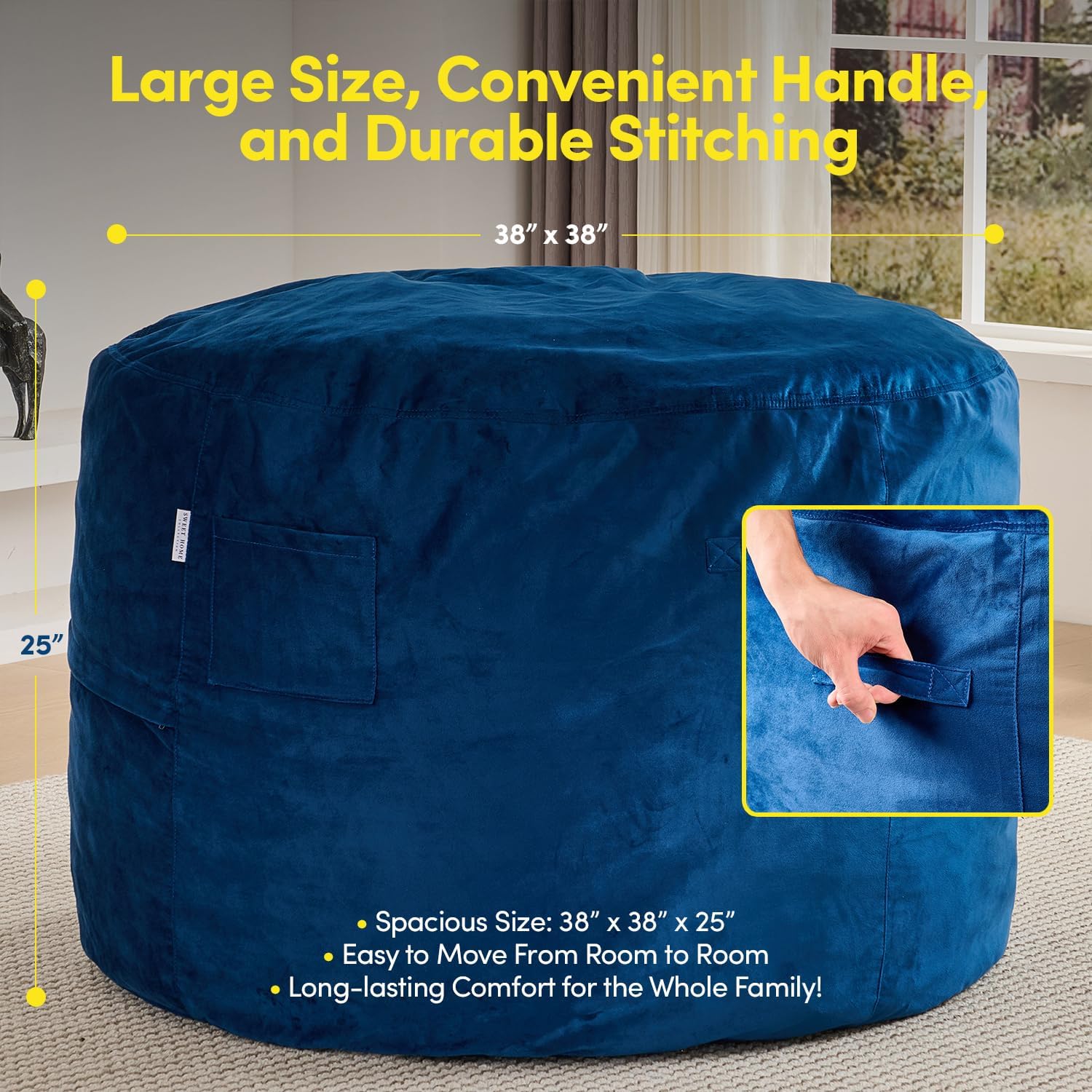 Bean Bag Chair 3ft Memory Foam Sack with Removable Velvet Cover, Ultra Soft Fabric, High Rebound Foam Filling, Portable Lazy Sofa for Adults & Teens, Navy Blue